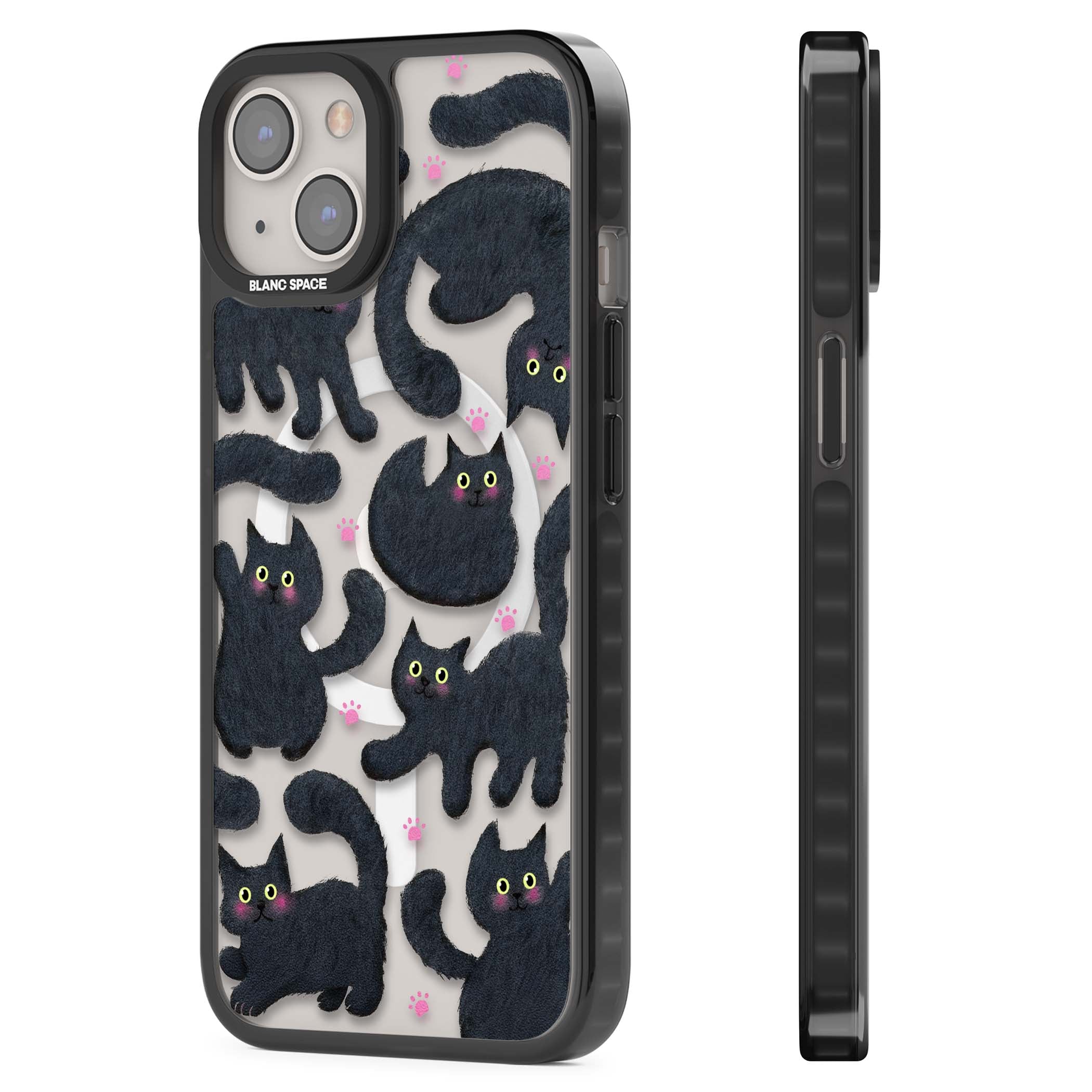 Midnight Cats cute iPhone case featuring black cat pattern with yellow eyes and pink paw prints | Black Impact Magsafe case for iPhone 13, iPhone 14, iPhone 15