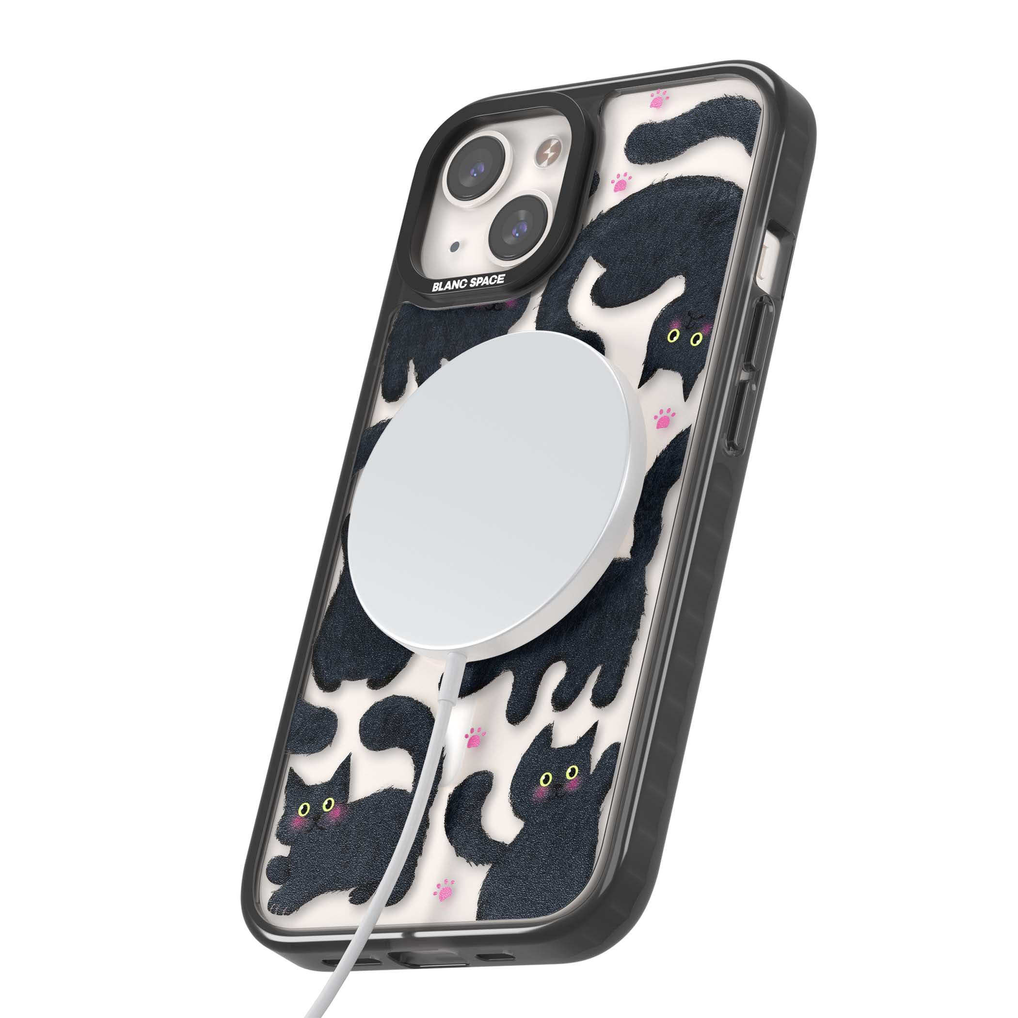 Midnight Cats cute iPhone case featuring black cat pattern with yellow eyes and pink paw prints | Black Impact Magsafe case for iPhone 13, iPhone 14, iPhone 15