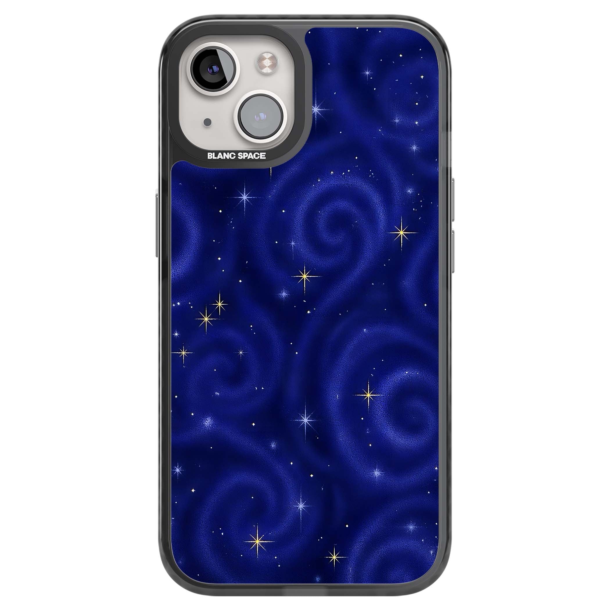 Indigo Cosmos celestial iPhone case featuring swirling navy night sky and sparkling golden stars | Black Impact Magsafe case for iPhone 13, iPhone 14, iPhone 15