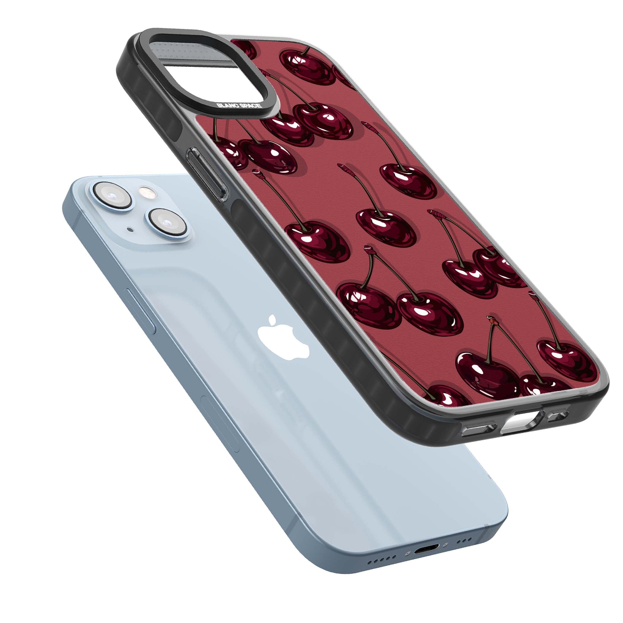 Cherry Rebel coquette iPhone case featuring glossy burgundy cherries on a dusty rose background | Black Impact Magsafe case for iPhone 13, iPhone 14, iPhone 15