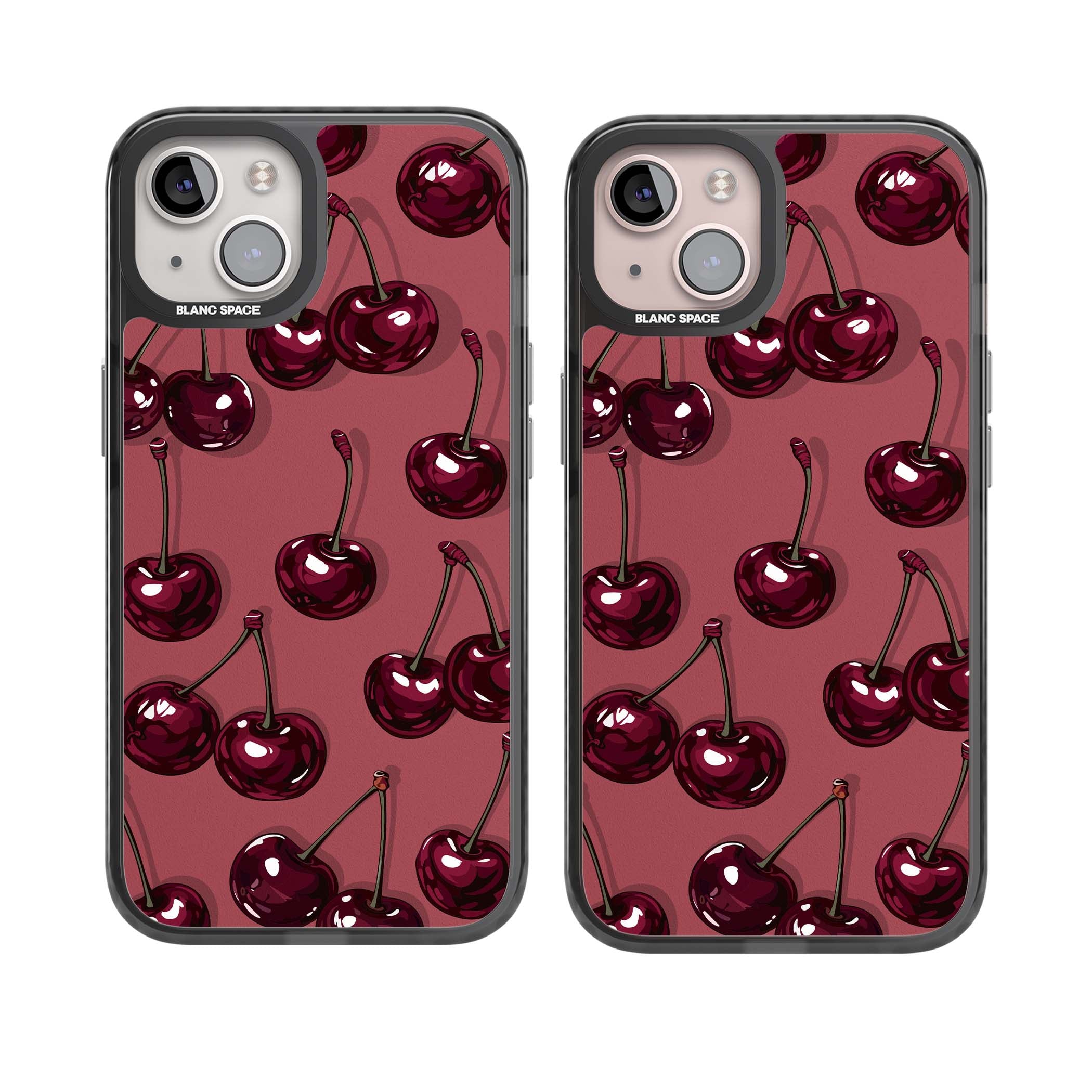 Cherry Rebel coquette iPhone case featuring glossy burgundy cherries on a dusty rose background | Black Impact Magsafe case for iPhone 13, iPhone 14, iPhone 15