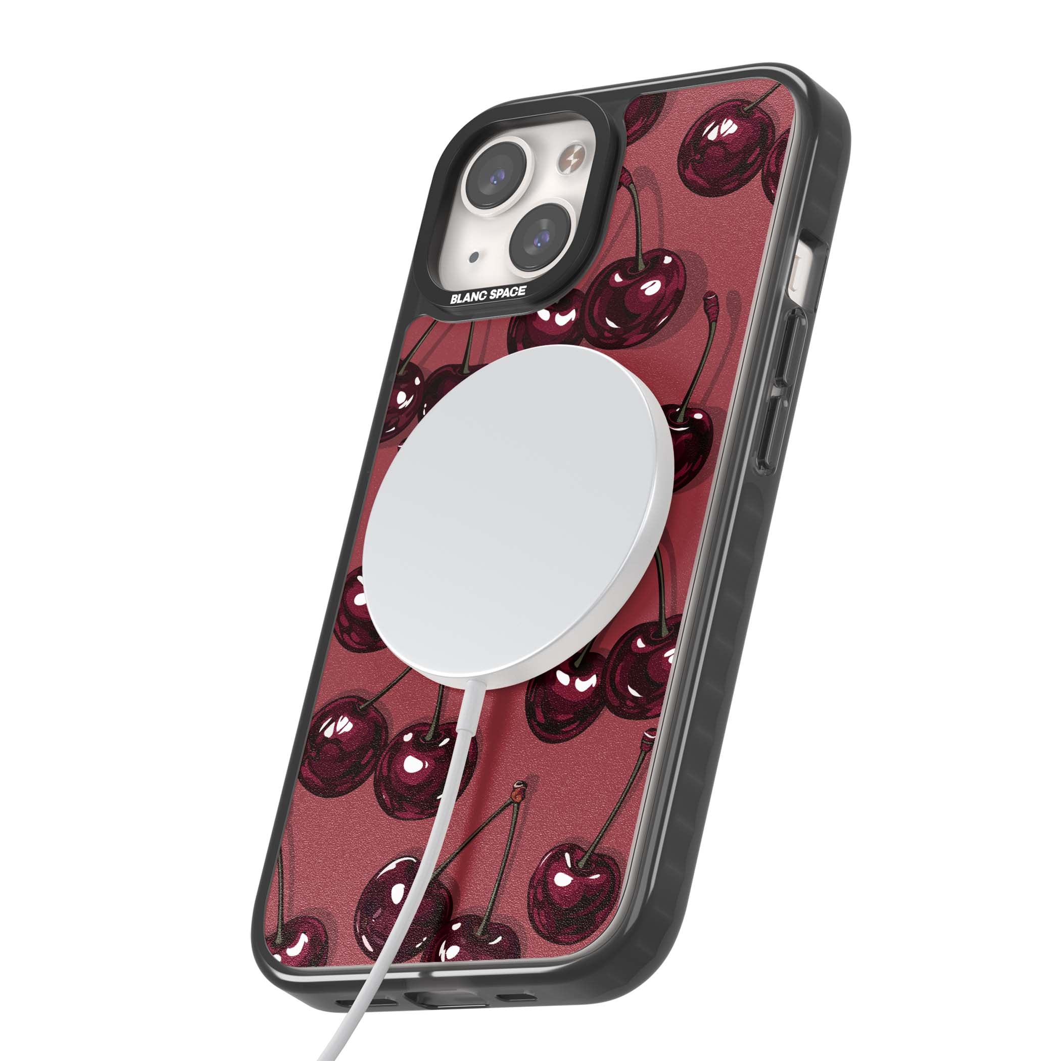 Cherry Rebel coquette iPhone case featuring glossy burgundy cherries on a dusty rose background | Black Impact Magsafe case for iPhone 13, iPhone 14, iPhone 15