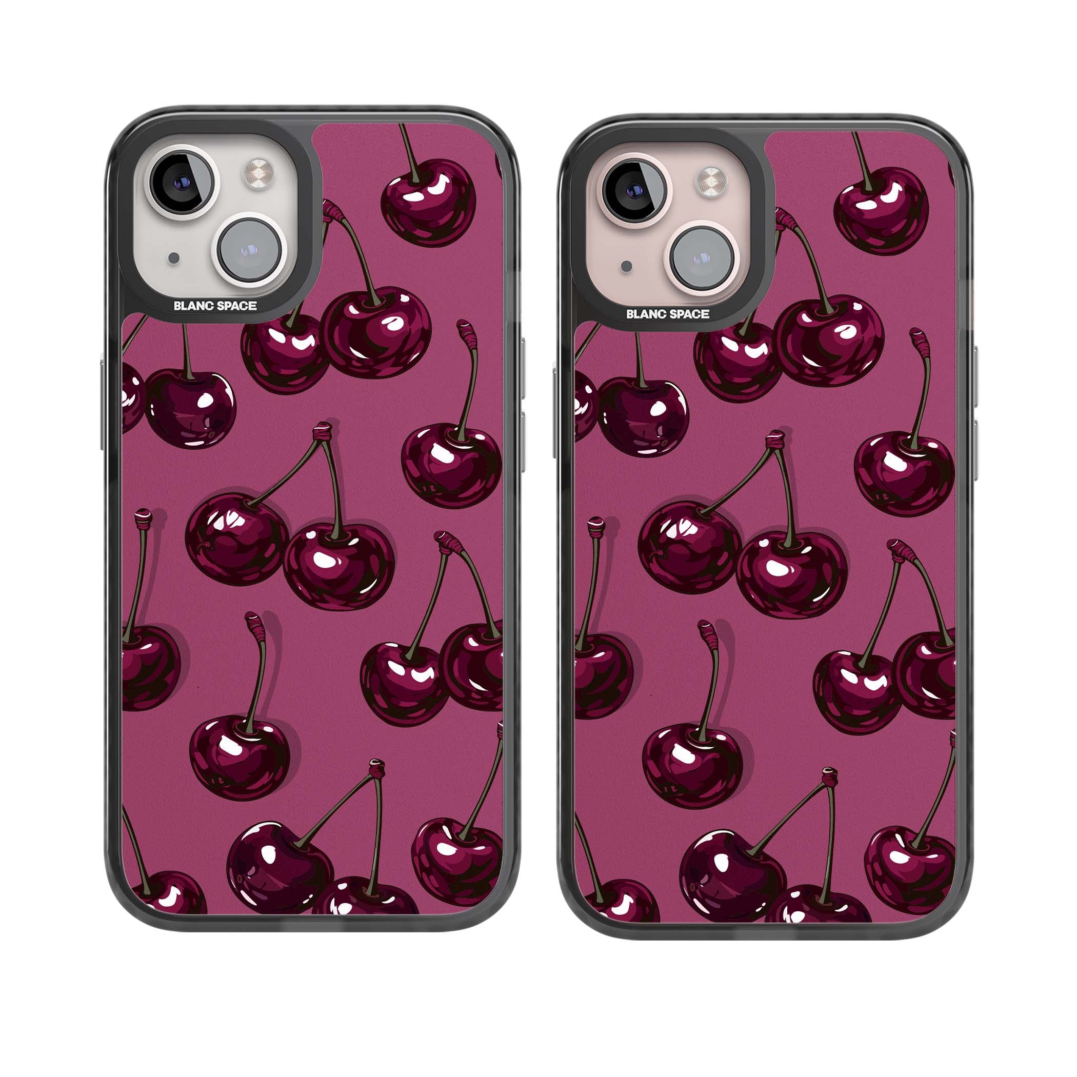 Cherry Soda coquette iPhone case featuring glossy burgundy cherries on a dusty pink background | Black Impact Magsafe case for iPhone 13, iPhone 14, iPhone 15