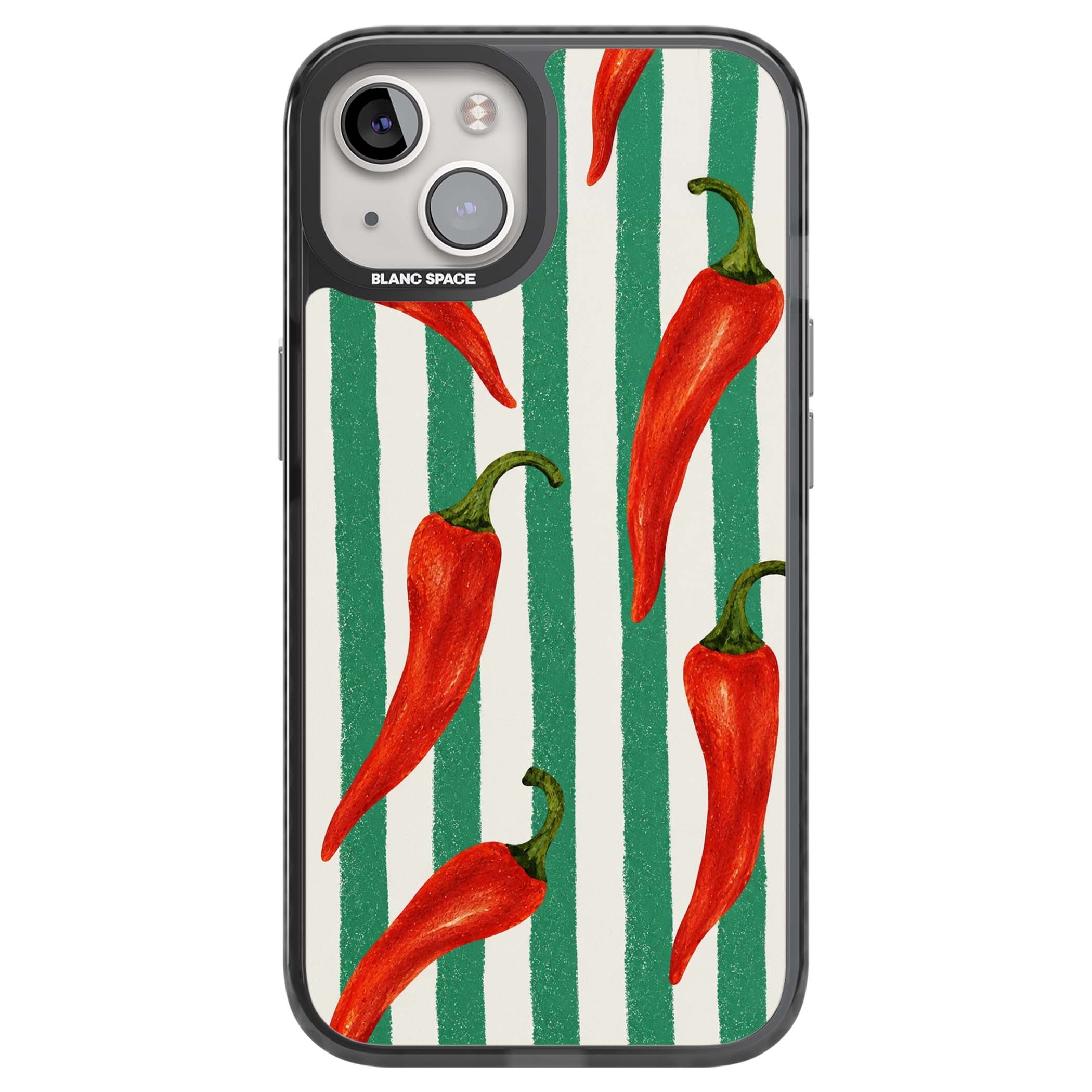 Striped Chillis coastal iPhone case featuring hand-painted red chili peppers on green and cream stripes | Black Impact Magsafe case for iPhone 13, iPhone 14, iPhone 15
