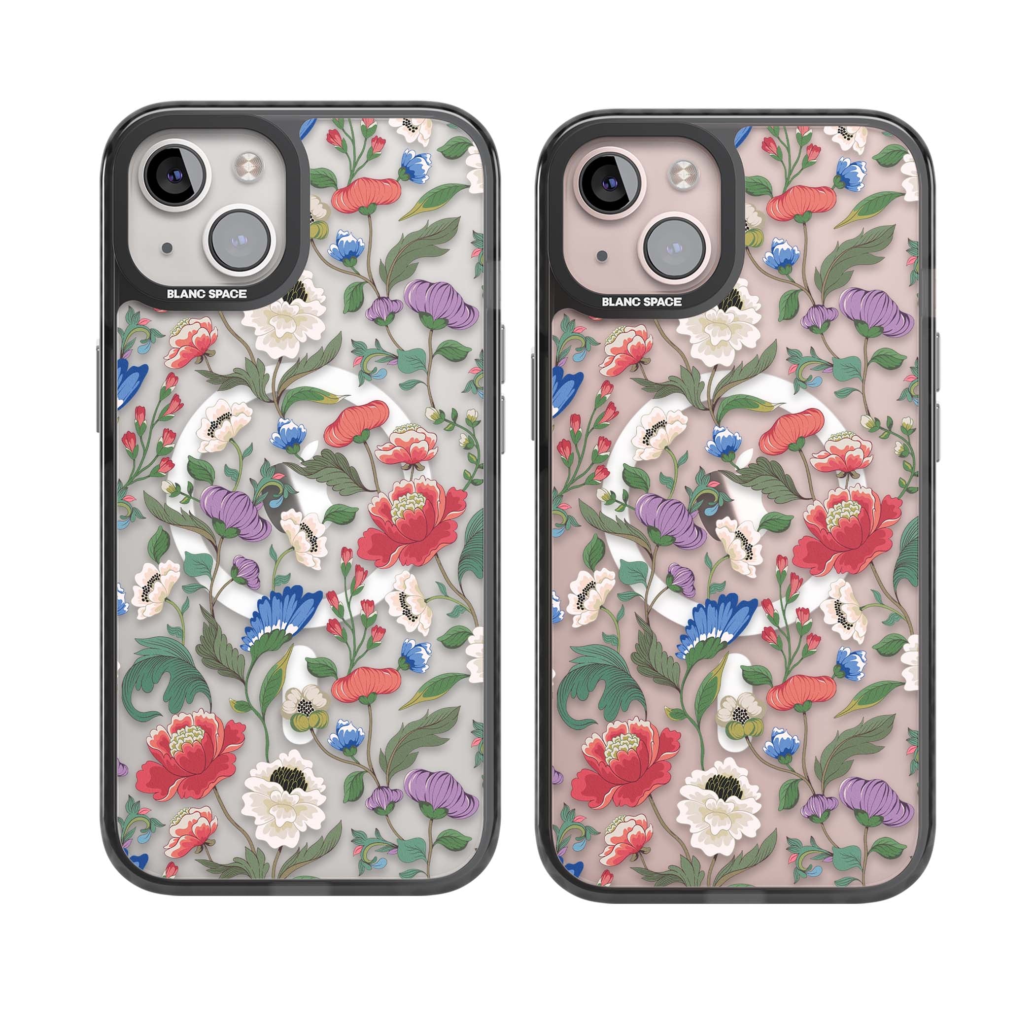 Chinoiserie Bloom vintage floral iPhone case featuring hand-painted peonies, poppies and trailing wildflowers on clear... | Black Impact Magsafe case for iPhone 13, iPhone 14, iPhone 15