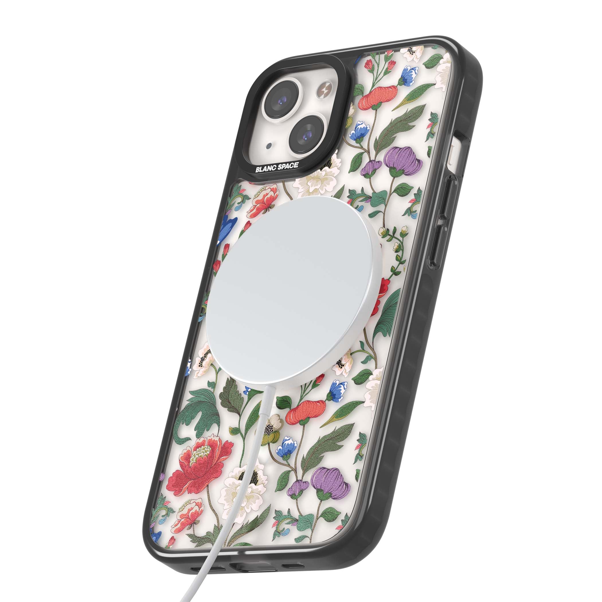 Chinoiserie Bloom vintage floral iPhone case featuring hand-painted peonies, poppies and trailing wildflowers on clear... | Black Impact Magsafe case for iPhone 13, iPhone 14, iPhone 15