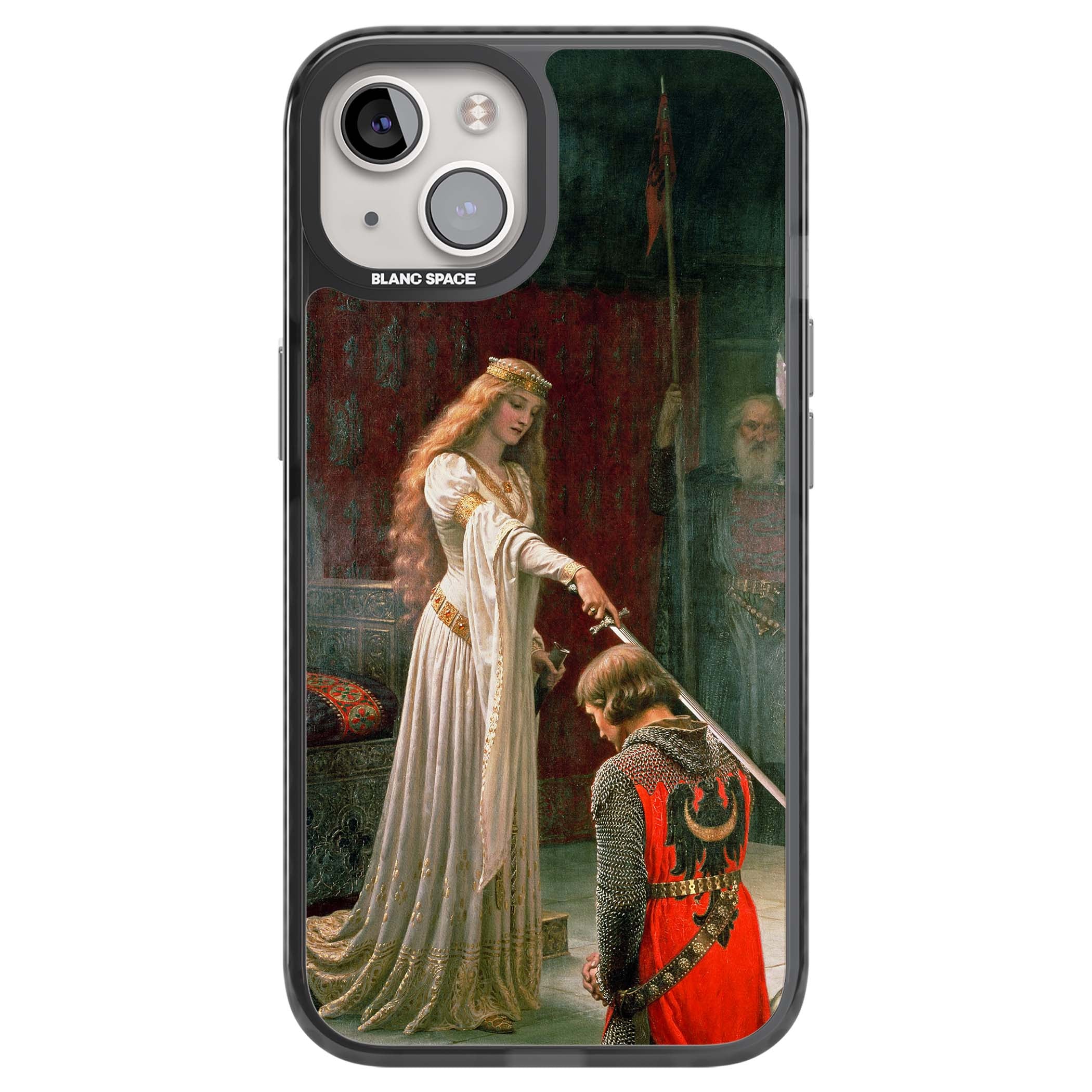 The Accolade renaissance art iPhone case featuring Edmund Blair Leighton's painting of a queen knighting a kneeling knight | Black Impact Magsafe case for iPhone 13, iPhone 14, iPhone 15