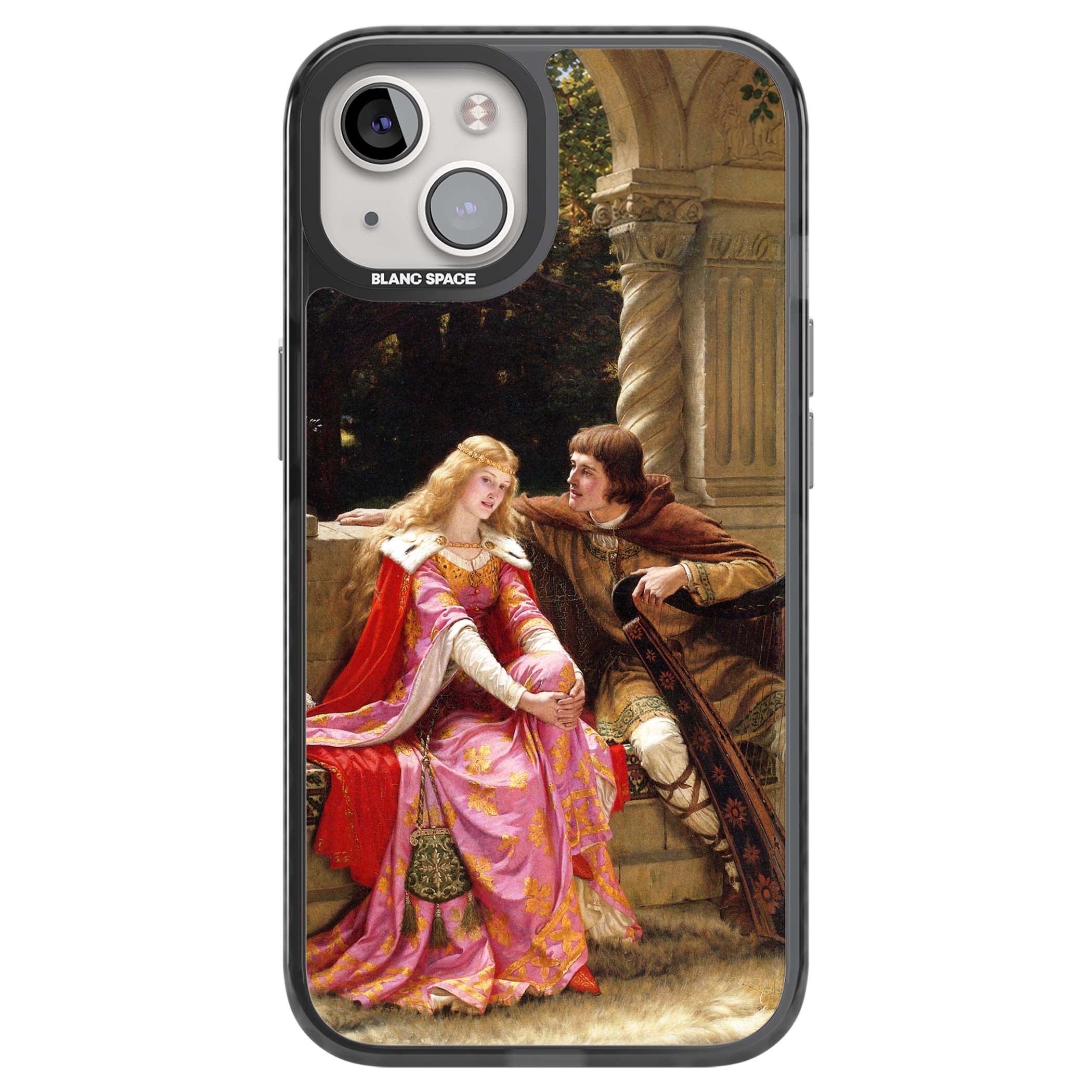 The End of the Song classic art iPhone case featuring a medieval lady in pink gown and her knight in a stone archway | Black Impact Magsafe case for iPhone 13, iPhone 14, iPhone 15