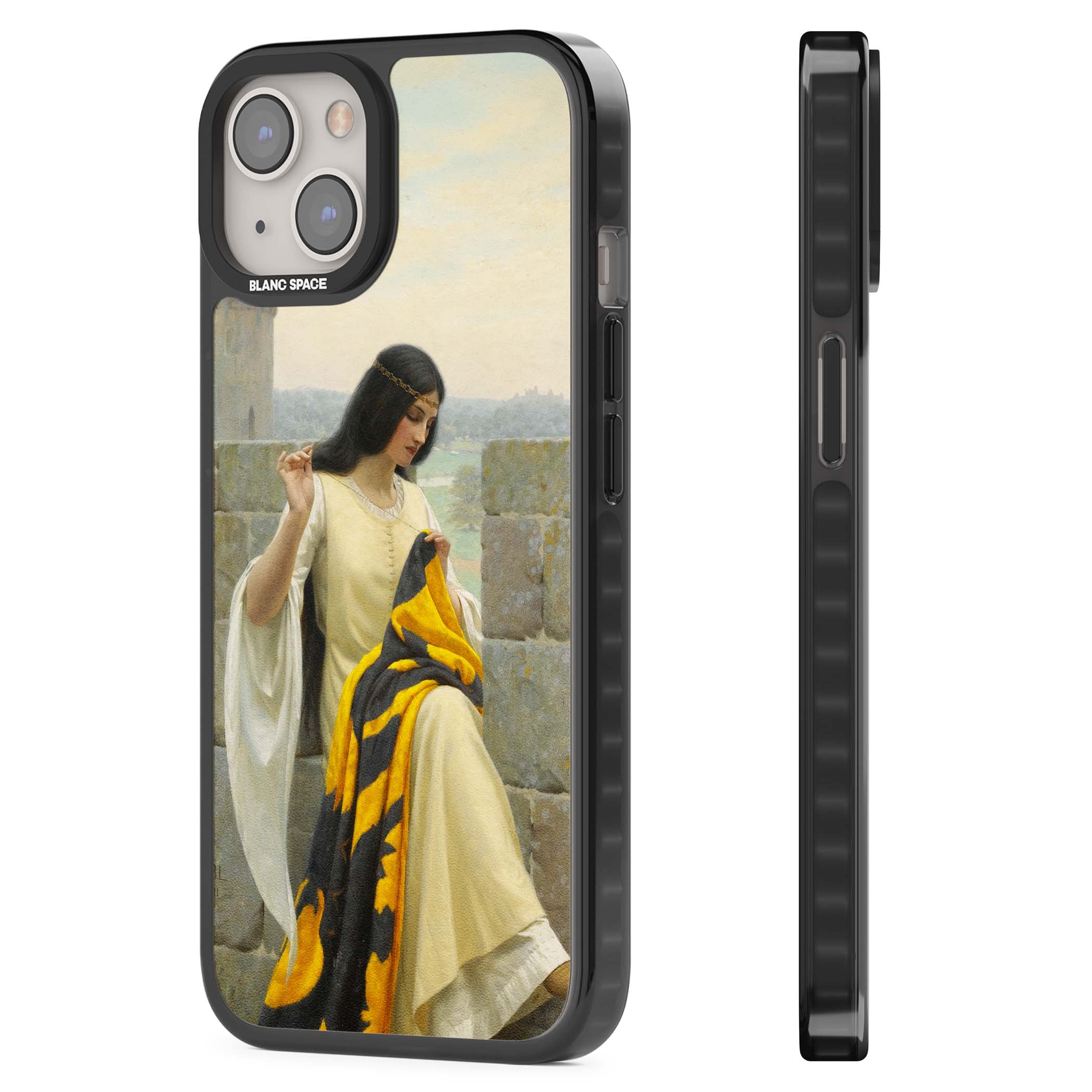 Stitching the Standard renaissance art iPhone case featuring a medieval lady sewing a golden banner on a castle wall | Black Impact Magsafe case for iPhone 13, iPhone 14, iPhone 15