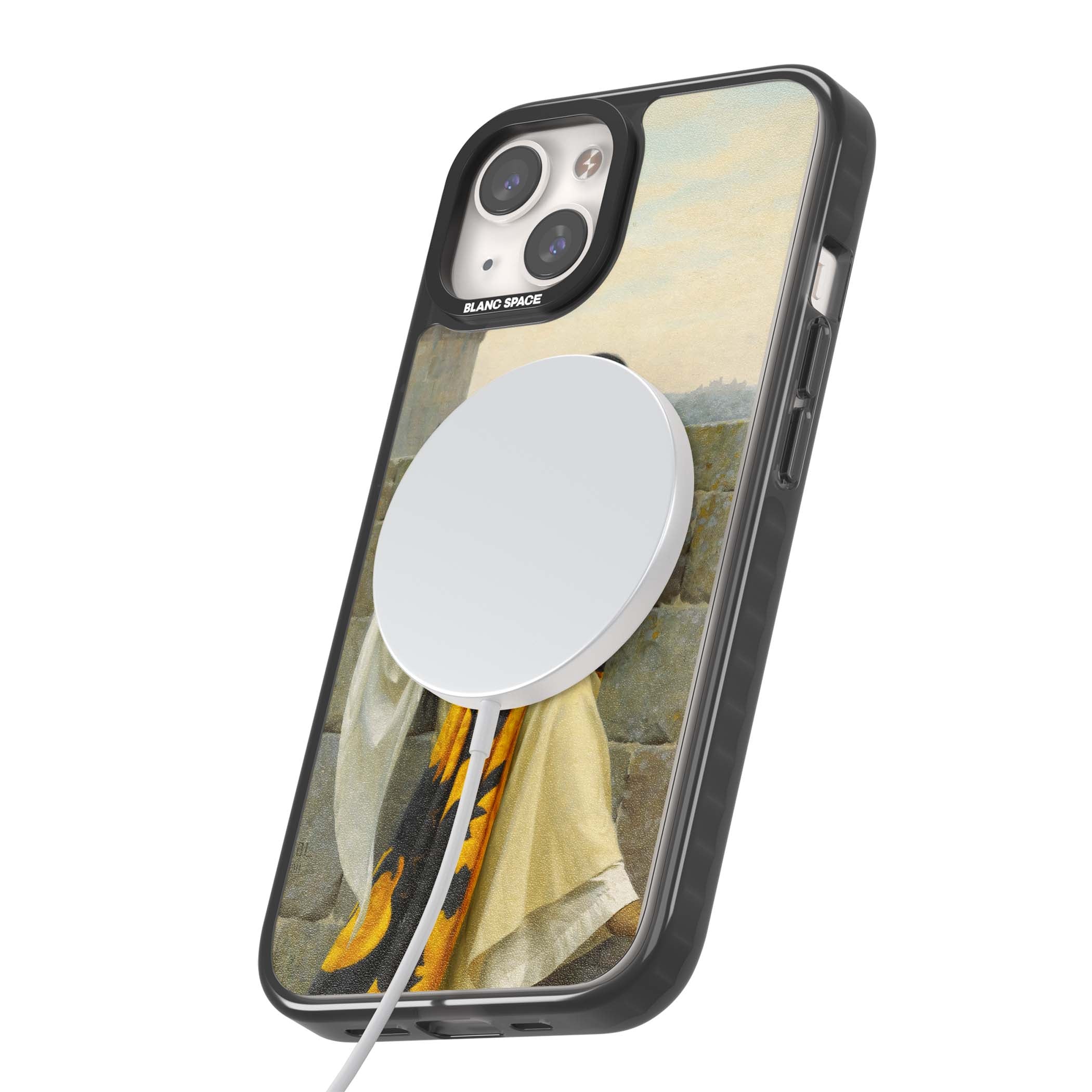 Stitching the Standard renaissance art iPhone case featuring a medieval lady sewing a golden banner on a castle wall | Black Impact Magsafe case for iPhone 13, iPhone 14, iPhone 15