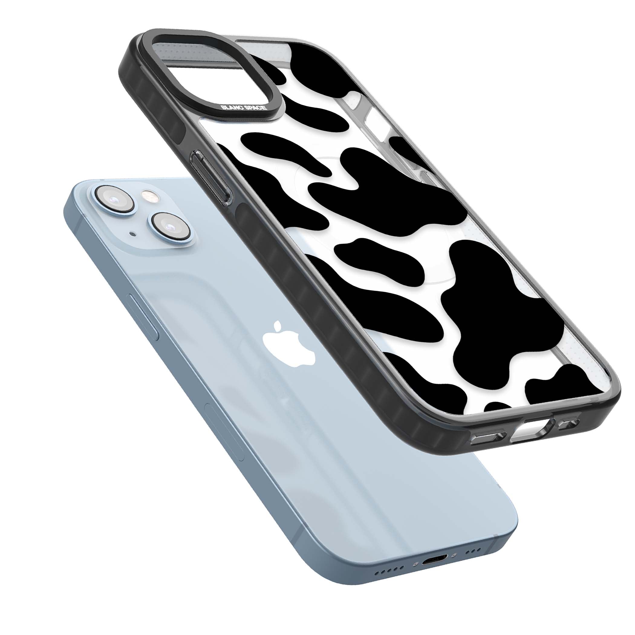 Clear Cow Print cow print iPhone case featuring black and white cow pattern splotches on a clear background | Black Impact Magsafe case for iPhone 13, iPhone 14, iPhone 15