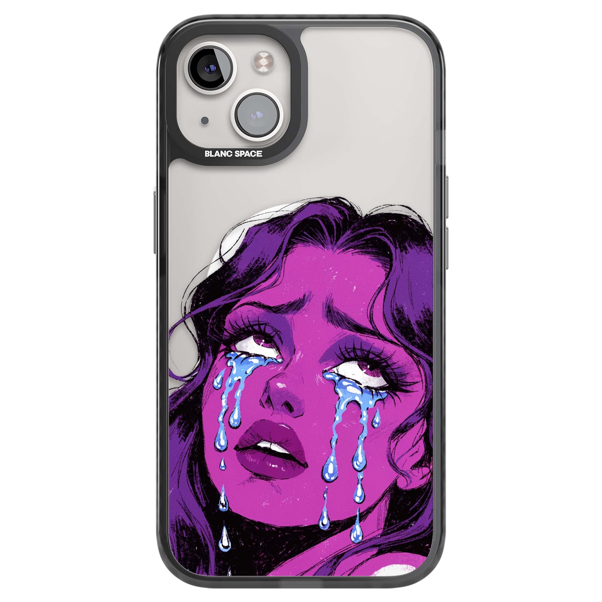 Drama Queen pop art iPhone case featuring a purple crying comic girl with blue tears | Black Impact Magsafe case for iPhone 13, iPhone 14, iPhone 15