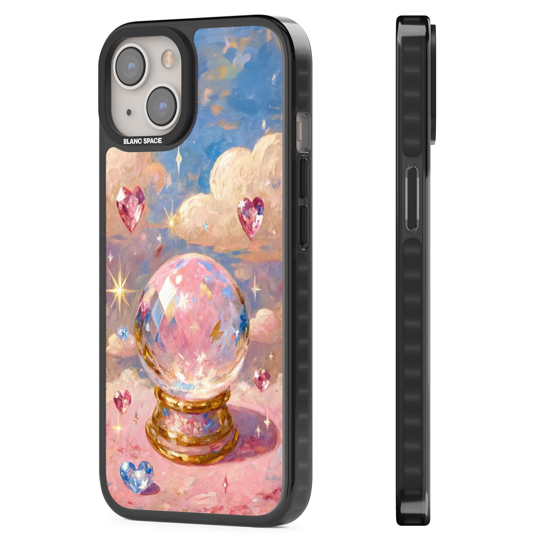 Crystal Ball fairycore iPhone case featuring a painted crystal ball, heart gemstones, and pastel clouds | Black Impact Magsafe case for iPhone 13, iPhone 14, iPhone 15