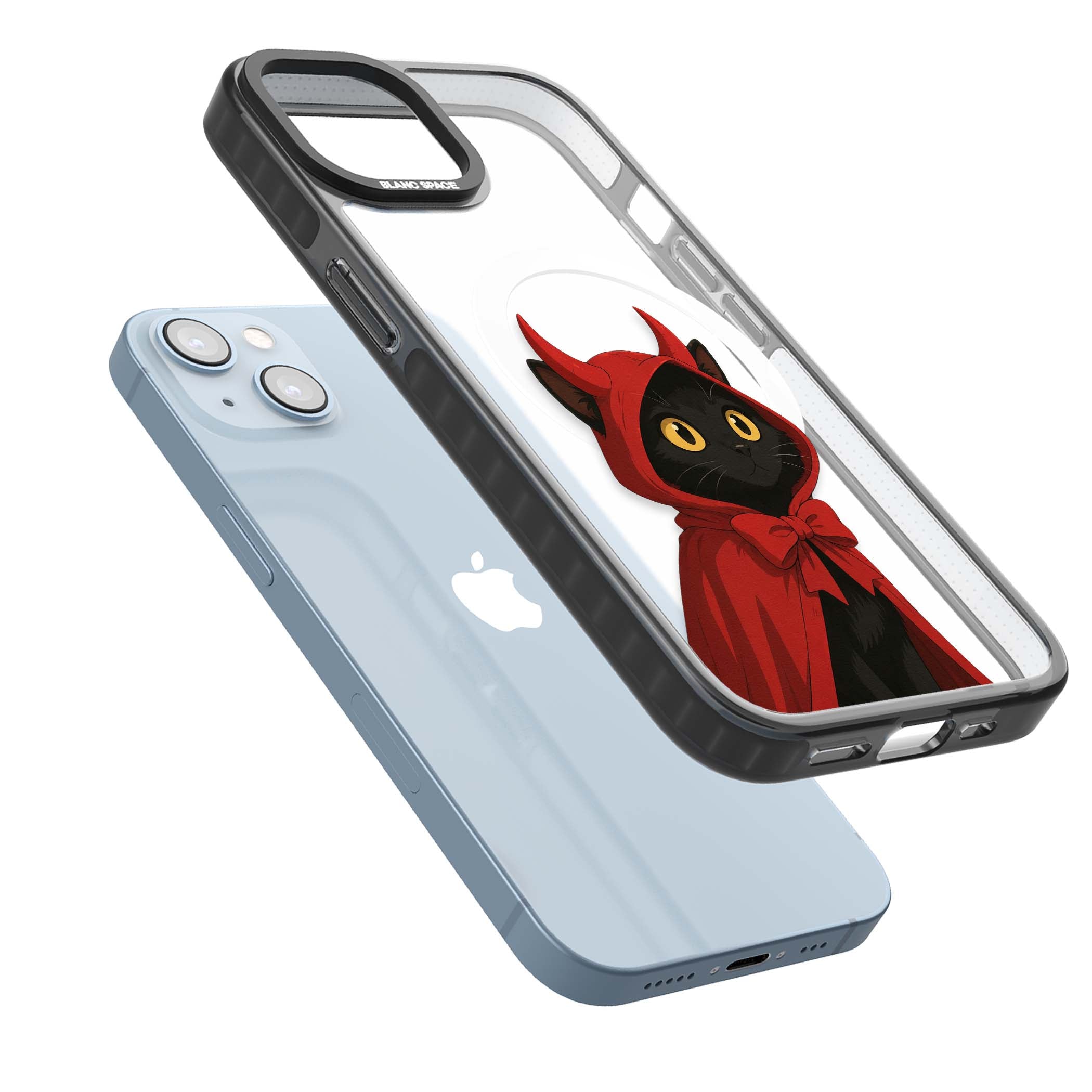 Little Devil halloween iPhone case featuring a black cat in a red hooded devil cloak with horns and golden eyes | Black Impact Magsafe case for iPhone 13, iPhone 14, iPhone 15