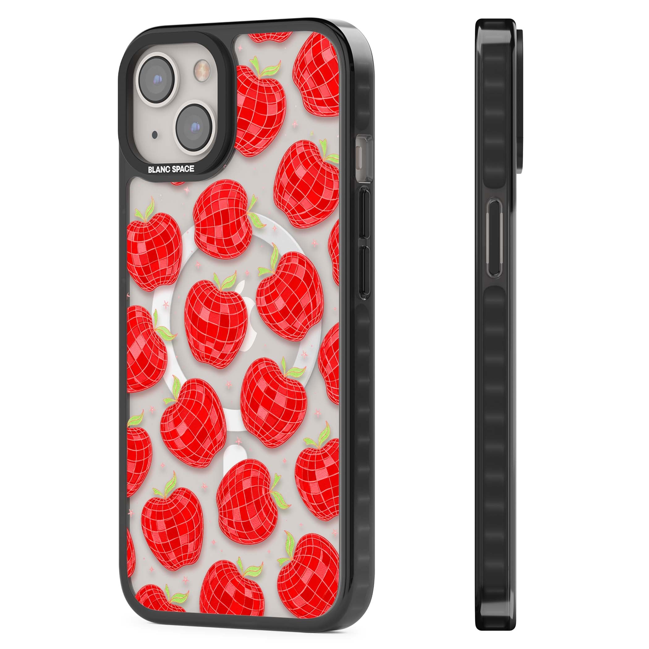 Disco Apples Y2K iPhone case featuring red disco ball apples, green leaves and pink sparkles on clear | Black Impact Magsafe case for iPhone 13, iPhone 14, iPhone 15