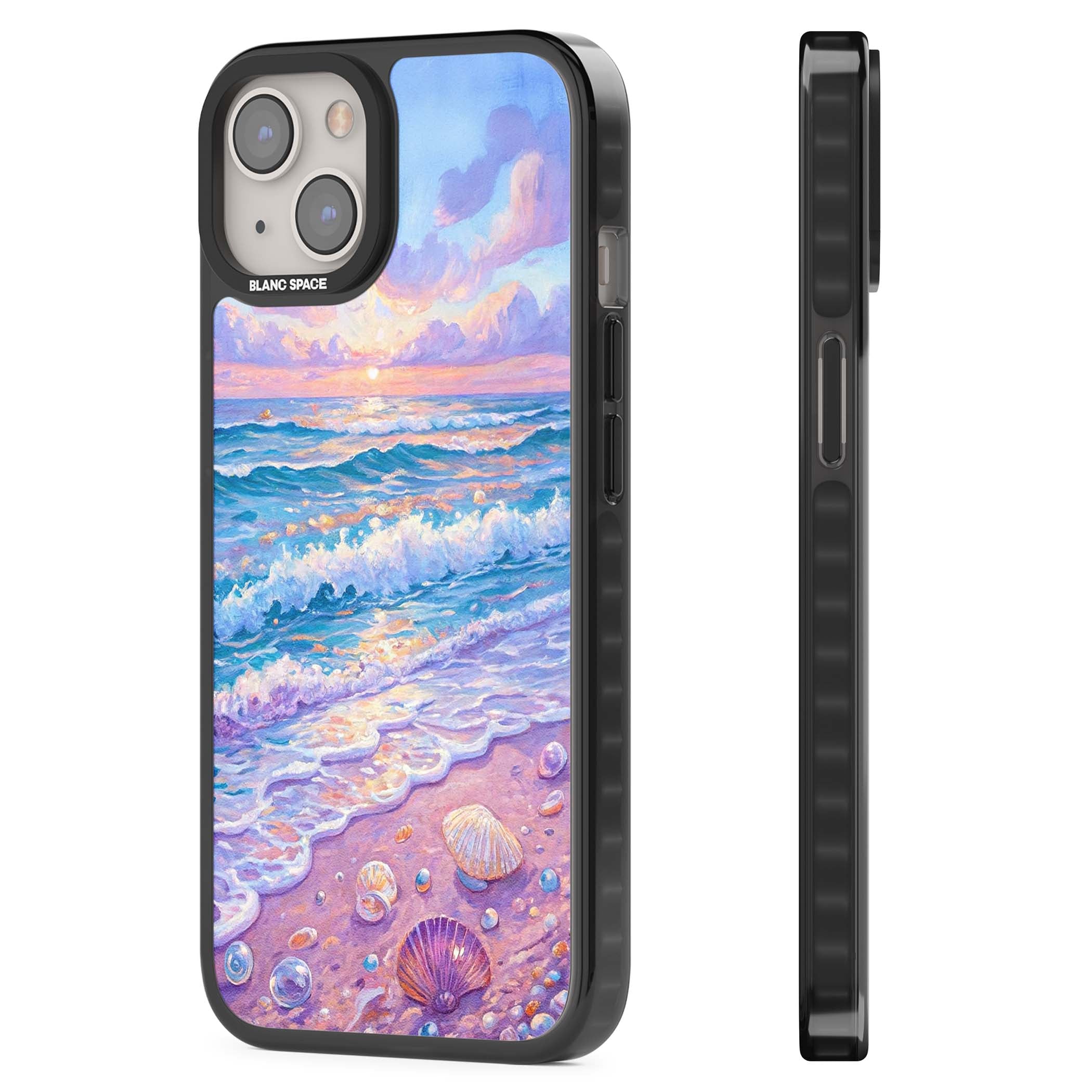Pearl Shore coastal iPhone case featuring pastel painted waves, seashells, and a sunrise sky over a lavender beach. | Black Impact Magsafe case for iPhone 13, iPhone 14, iPhone 15
