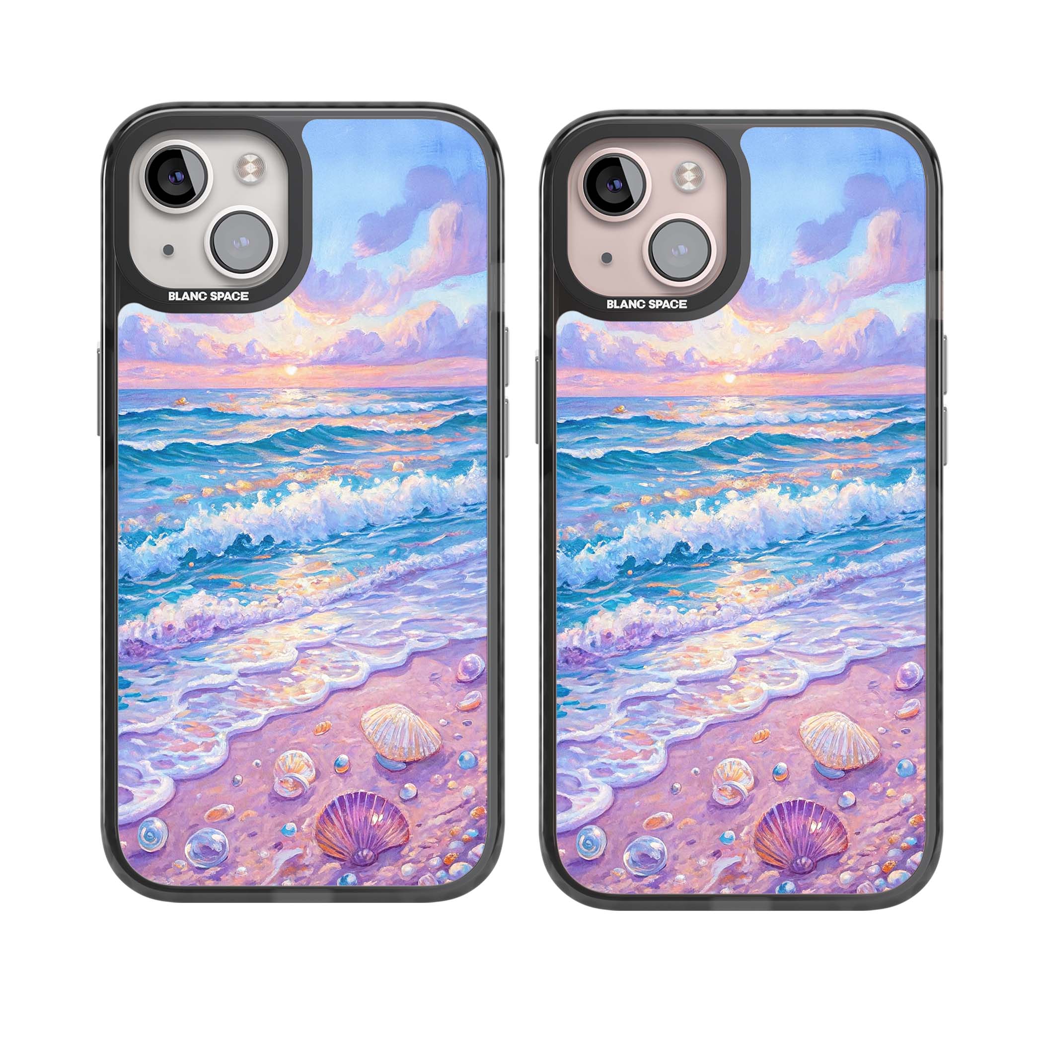 Pearl Shore coastal iPhone case featuring pastel painted waves, seashells, and a sunrise sky over a lavender beach. | Black Impact Magsafe case for iPhone 13, iPhone 14, iPhone 15