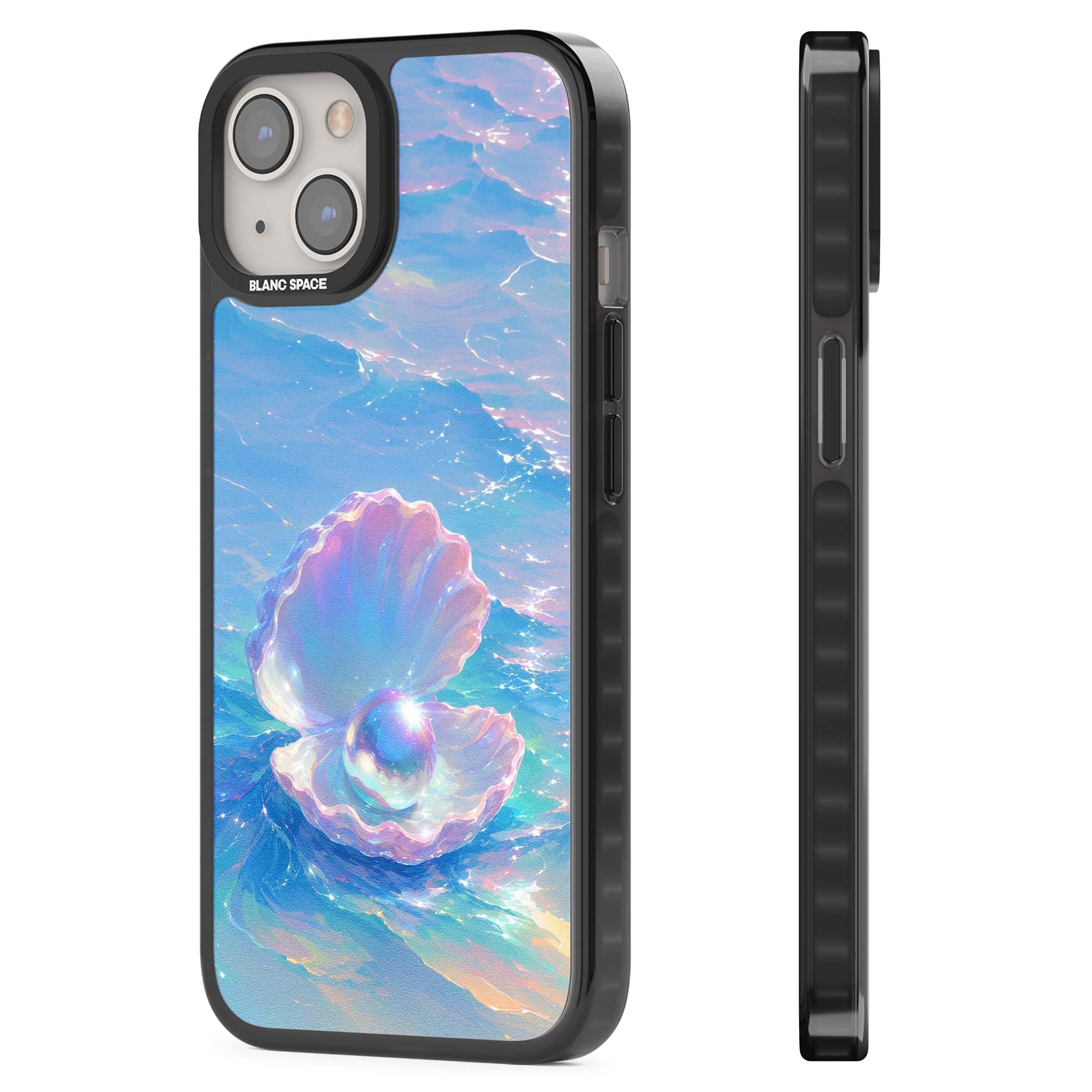 The Pearl Clam mermaidcore iPhone case featuring iridescent seashell, glowing pearl and pastel ocean waves | Black Impact Magsafe case for iPhone 13, iPhone 14, iPhone 15