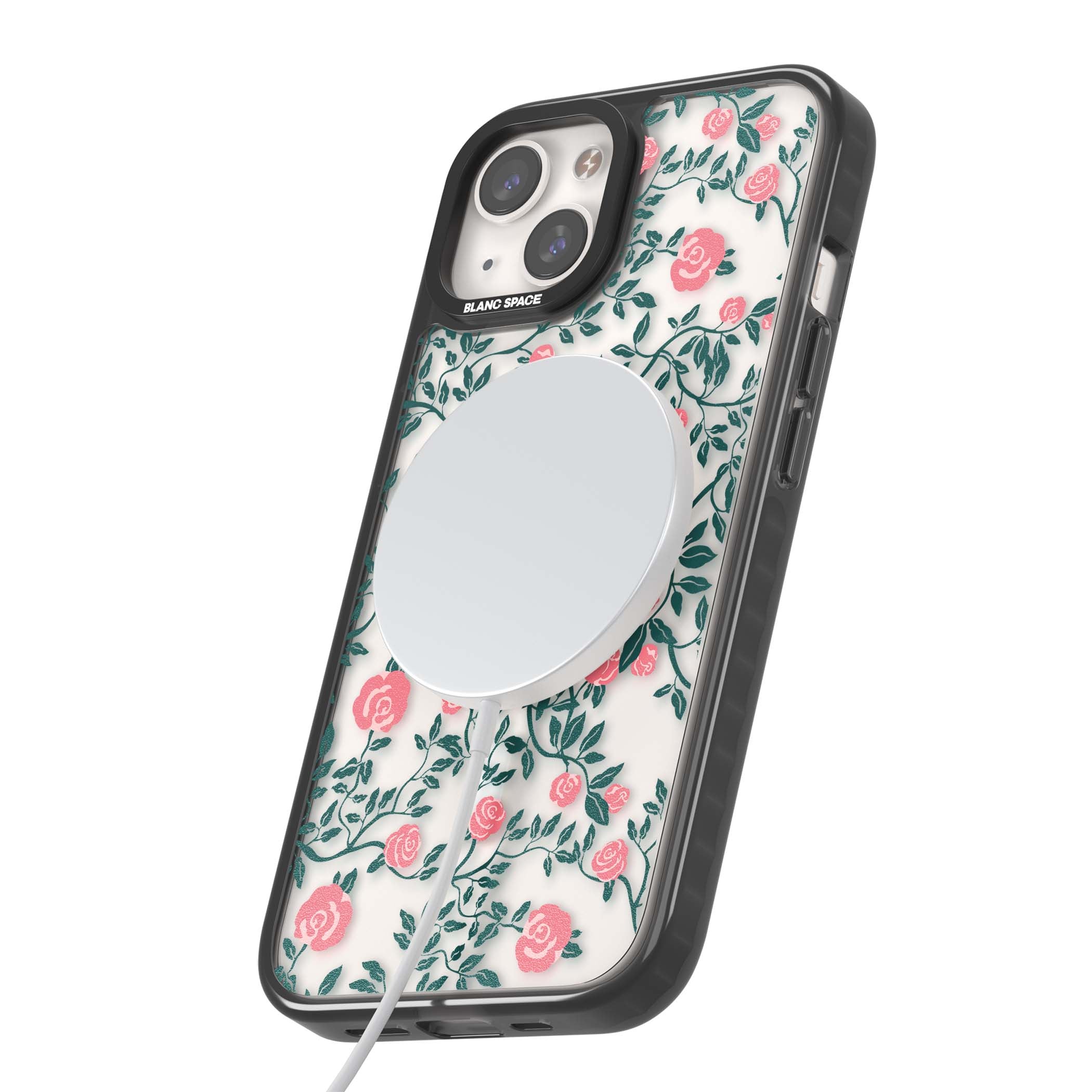 Rose Trellis (Clear) cottagecore iPhone case featuring pink climbing roses and green leaves on clear background | Black Impact Magsafe case for iPhone 13, iPhone 14, iPhone 15