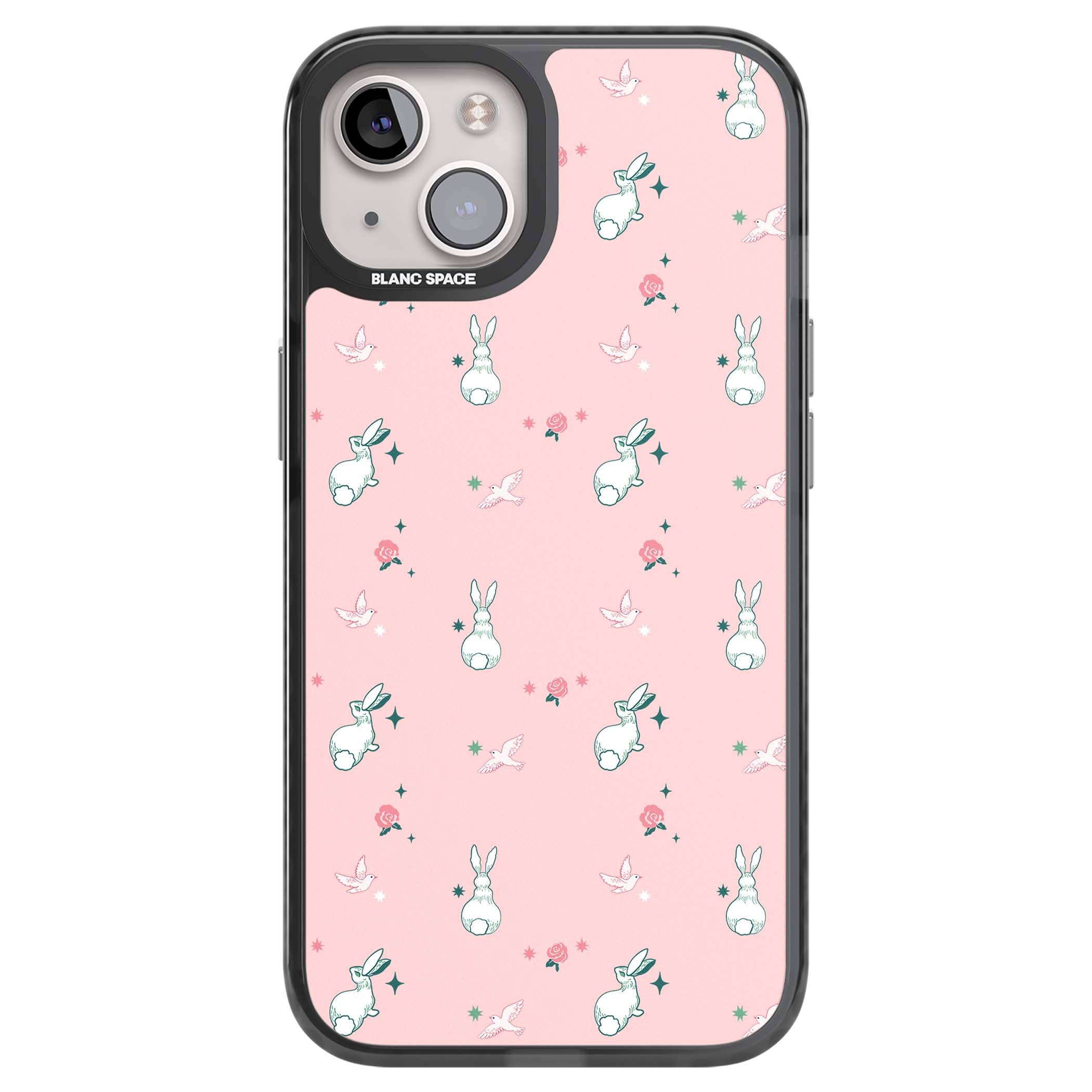 Bunny Garden kawaii iPhone case featuring white rabbits, pink roses, doves and stars on pink background | Black Impact Magsafe case for iPhone 13, iPhone 14, iPhone 15