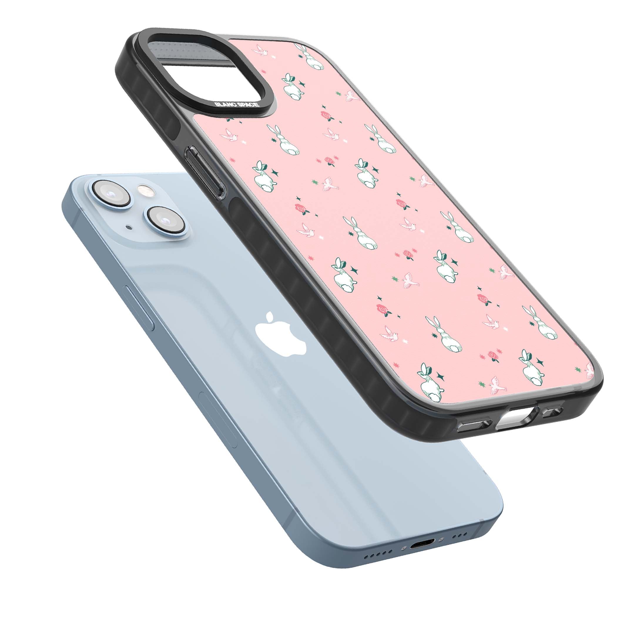 Bunny Garden kawaii iPhone case featuring white rabbits, pink roses, doves and stars on pink background | Black Impact Magsafe case for iPhone 13, iPhone 14, iPhone 15