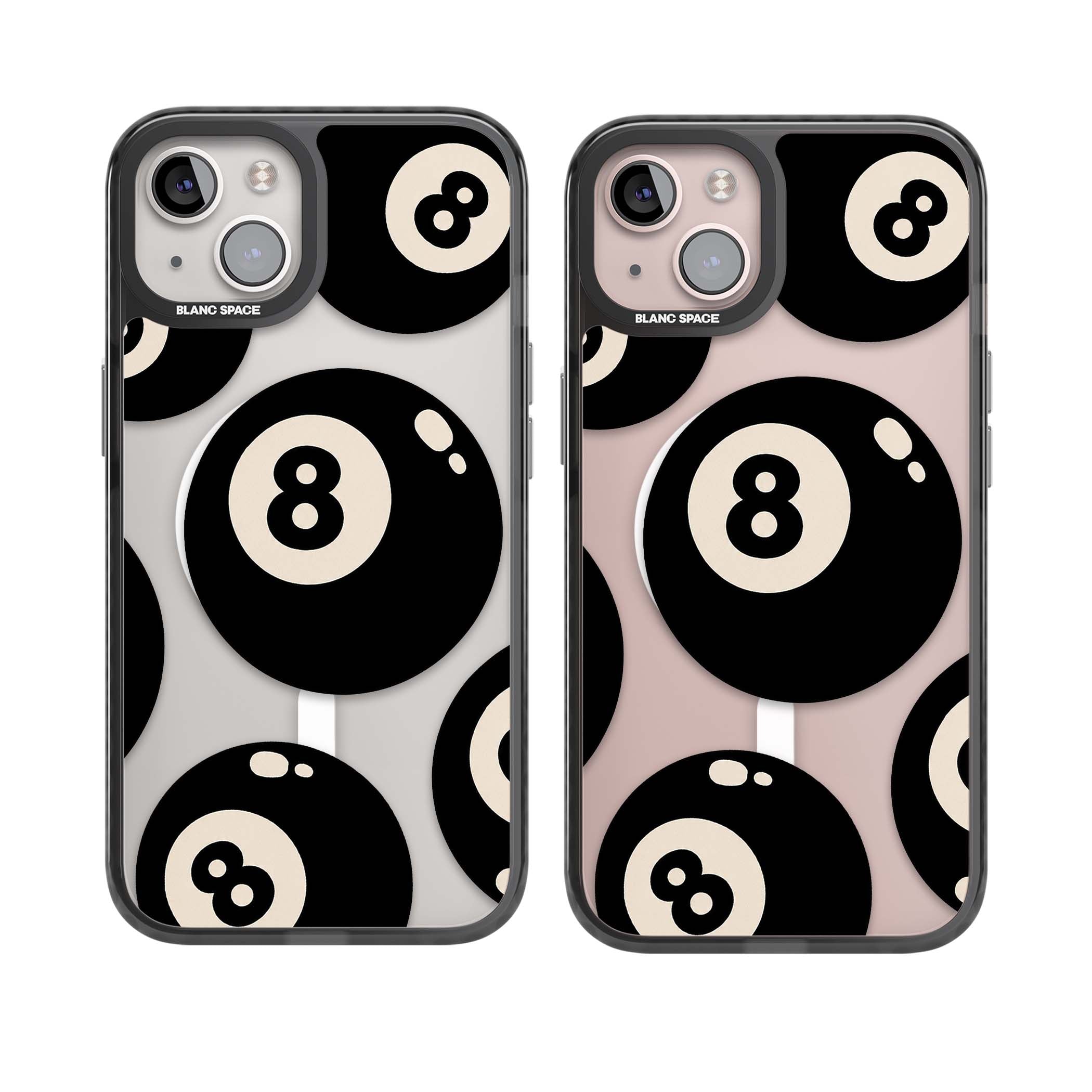 Eights y2k iPhone case featuring scattered black 8 balls with cream highlights on a clear background | Black Impact Magsafe case for iPhone 13, iPhone 14, iPhone 15