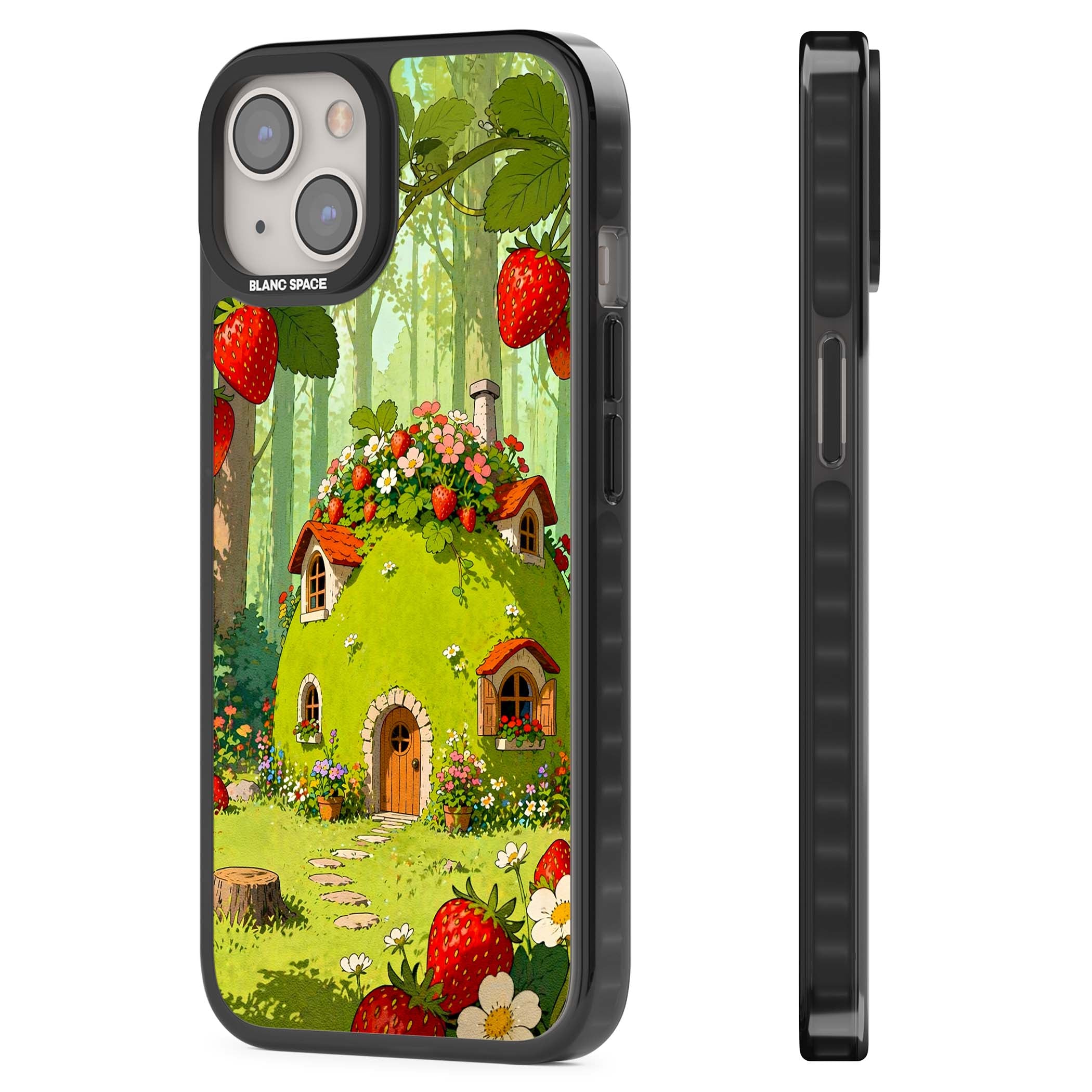 Strawberry Cottage cottagecore iPhone case featuring a green fairy house, wild strawberries and enchanted forest flowers | Black Impact Magsafe case for iPhone 13, iPhone 14, iPhone 15