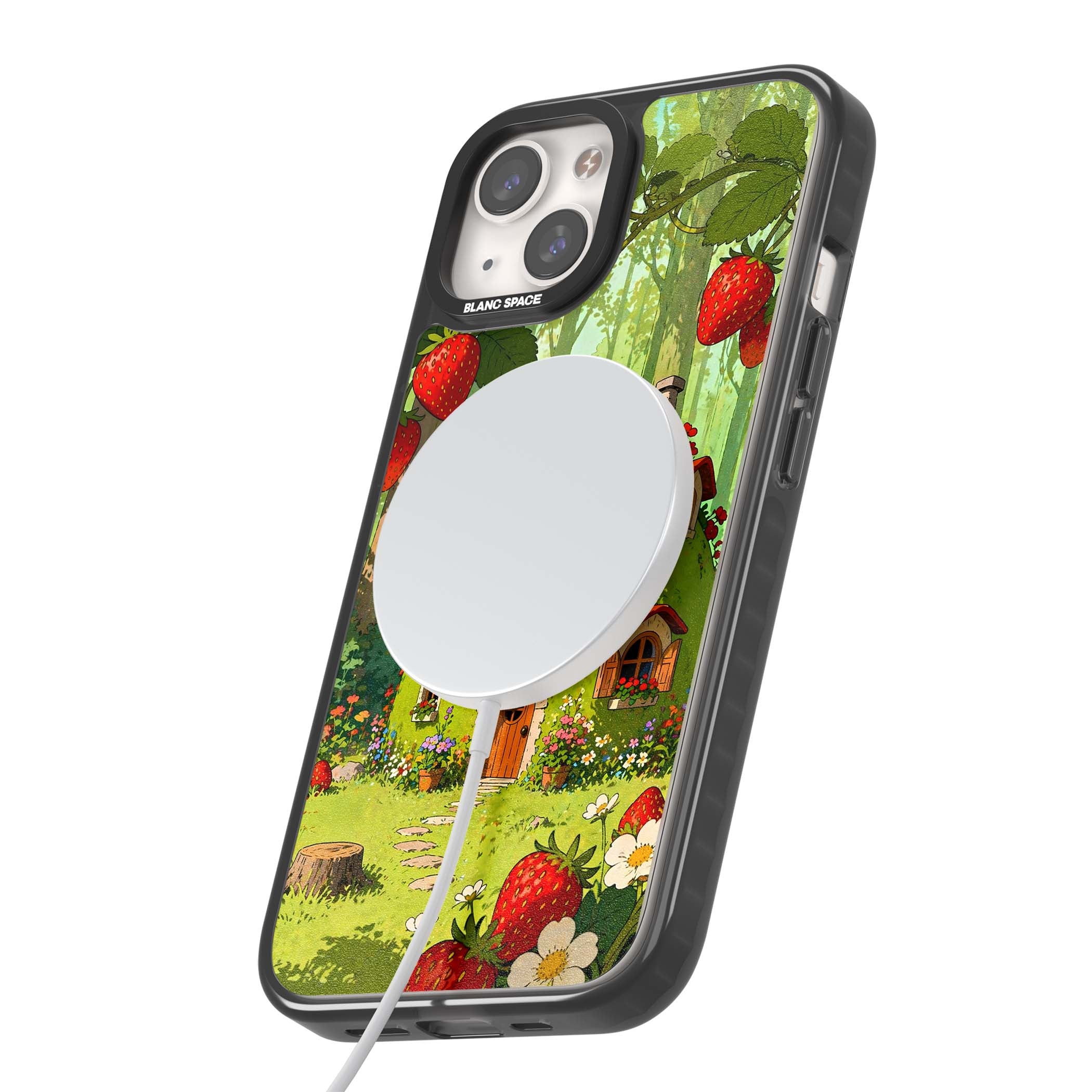 Strawberry Cottage cottagecore iPhone case featuring a green fairy house, wild strawberries and enchanted forest flowers | Black Impact Magsafe case for iPhone 13, iPhone 14, iPhone 15