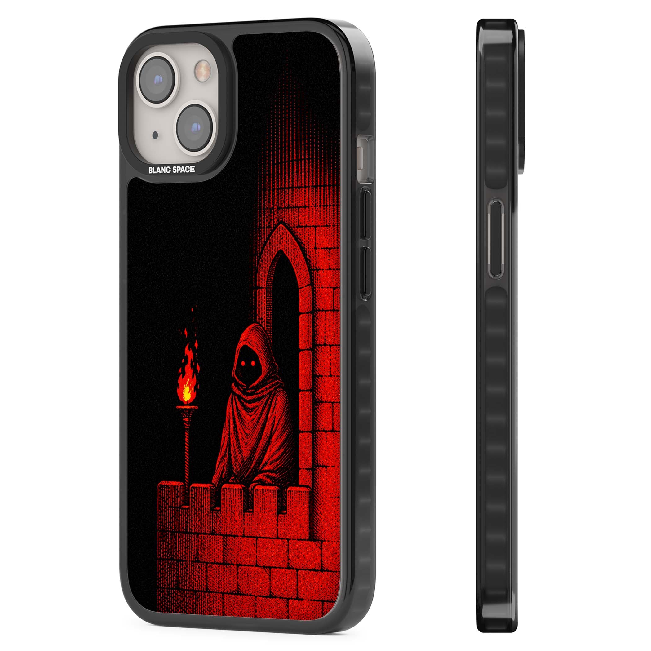 Crimson Crypt gothic iPhone case featuring a hooded reaper, torchlit crypt archway and red halftone horror art | Black Impact Magsafe case for iPhone 13, iPhone 14, iPhone 15
