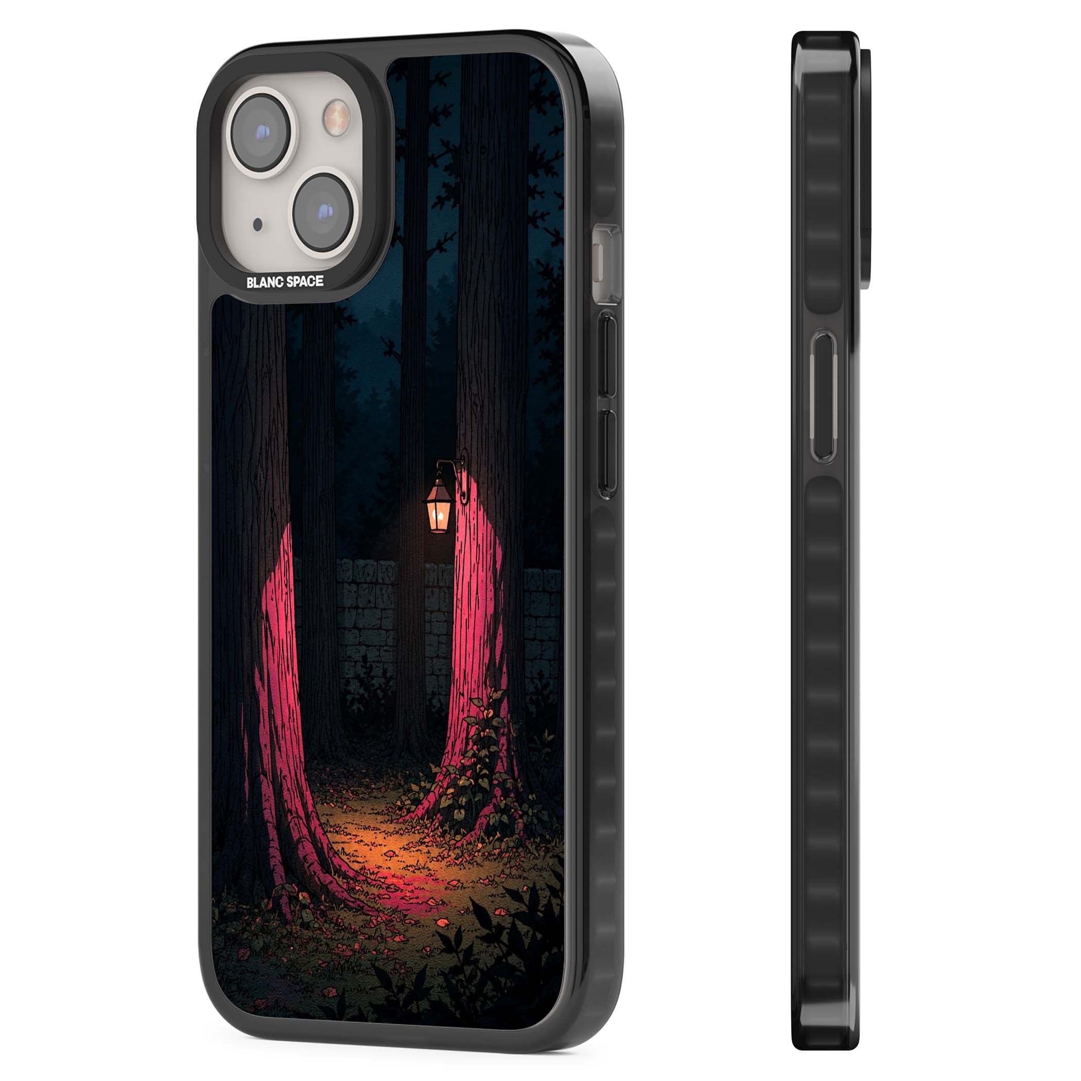 Forest Lantern dark academia iPhone case featuring a moonlit forest, glowing lantern, and stone wall pathway | Black Impact Magsafe case for iPhone 13, iPhone 14, iPhone 15