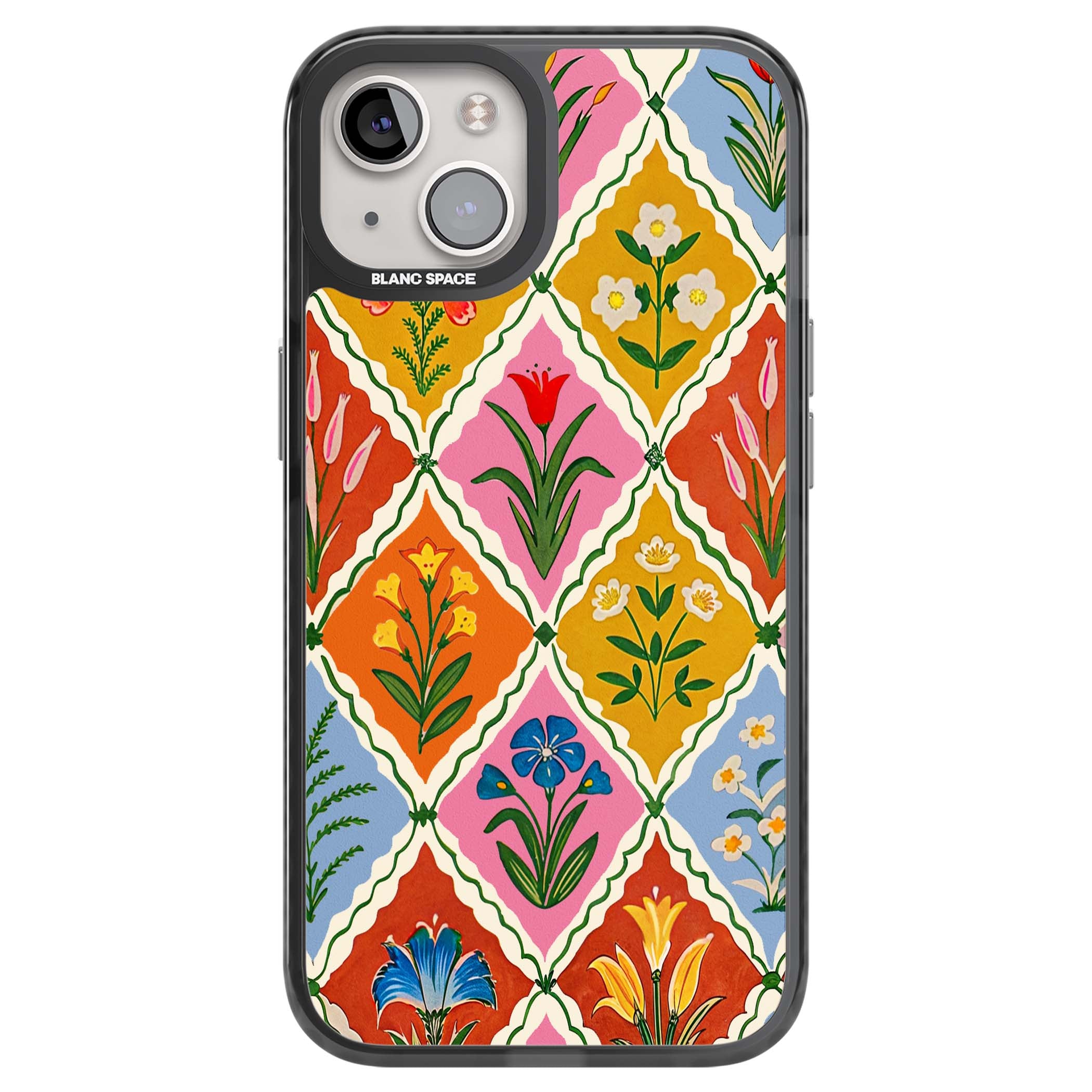 Floral Quilt boho floral iPhone case featuring diamond lattice pattern, hand-painted tulips and folk art wildflowers | Black Impact Magsafe case for iPhone 13, iPhone 14, iPhone 15