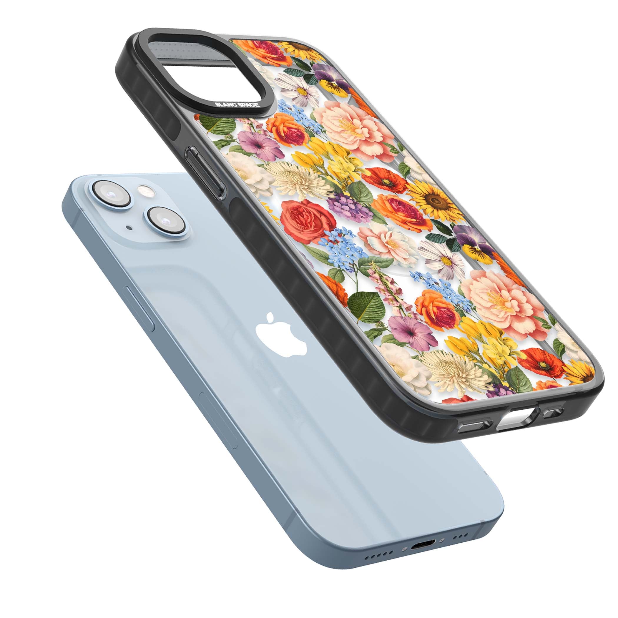 Bloom Basket floral iPhone case featuring cottage garden flowers including peonies, sunflowers, and wildflowers in pastel col | Black Impact Magsafe case for iPhone 13, iPhone 14, iPhone 15