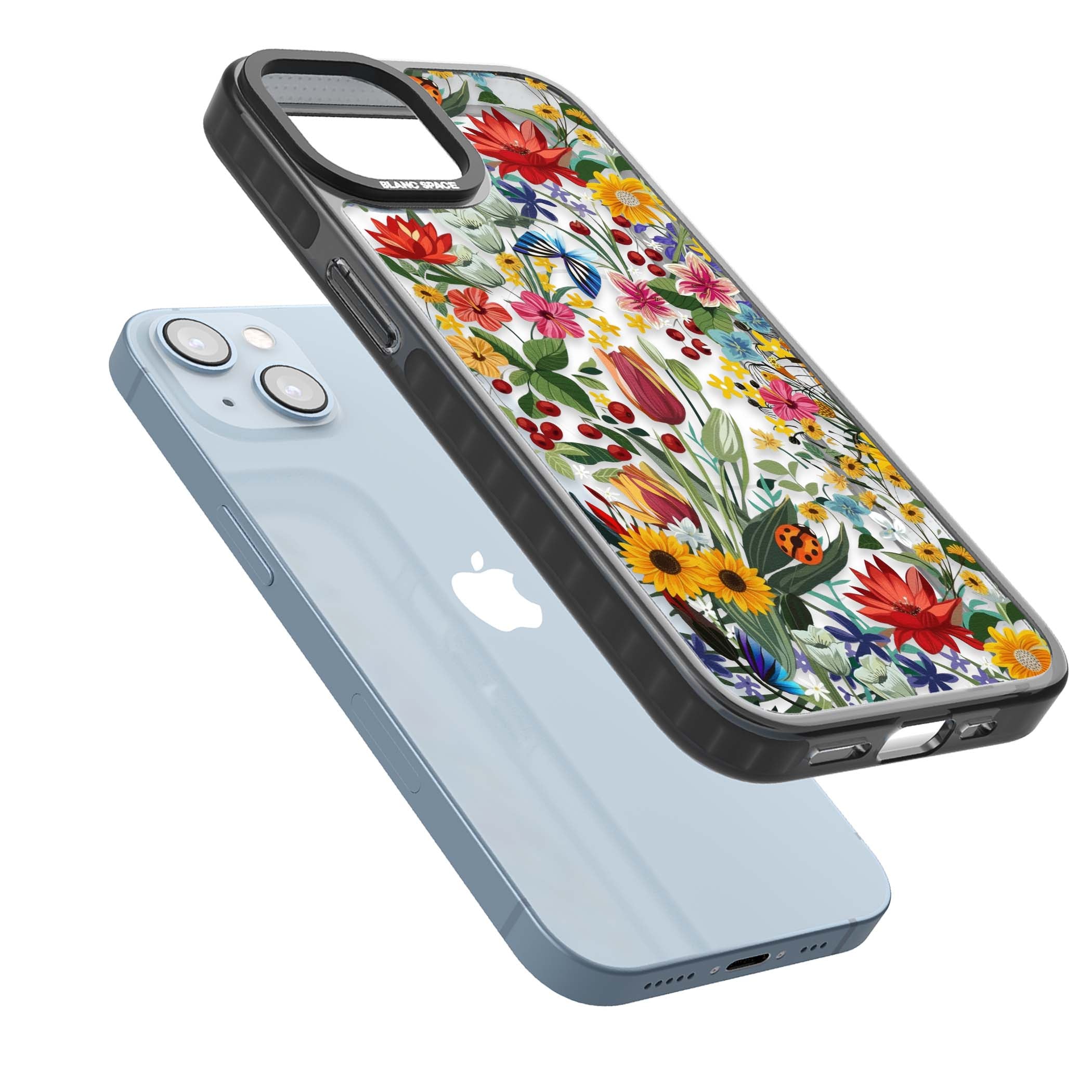 Botanical Bloom cottagecore iPhone case featuring colorful wildflowers, sunflowers, and ladybugs on clear background | Black Impact Magsafe case for iPhone 13, iPhone 14, iPhone 15