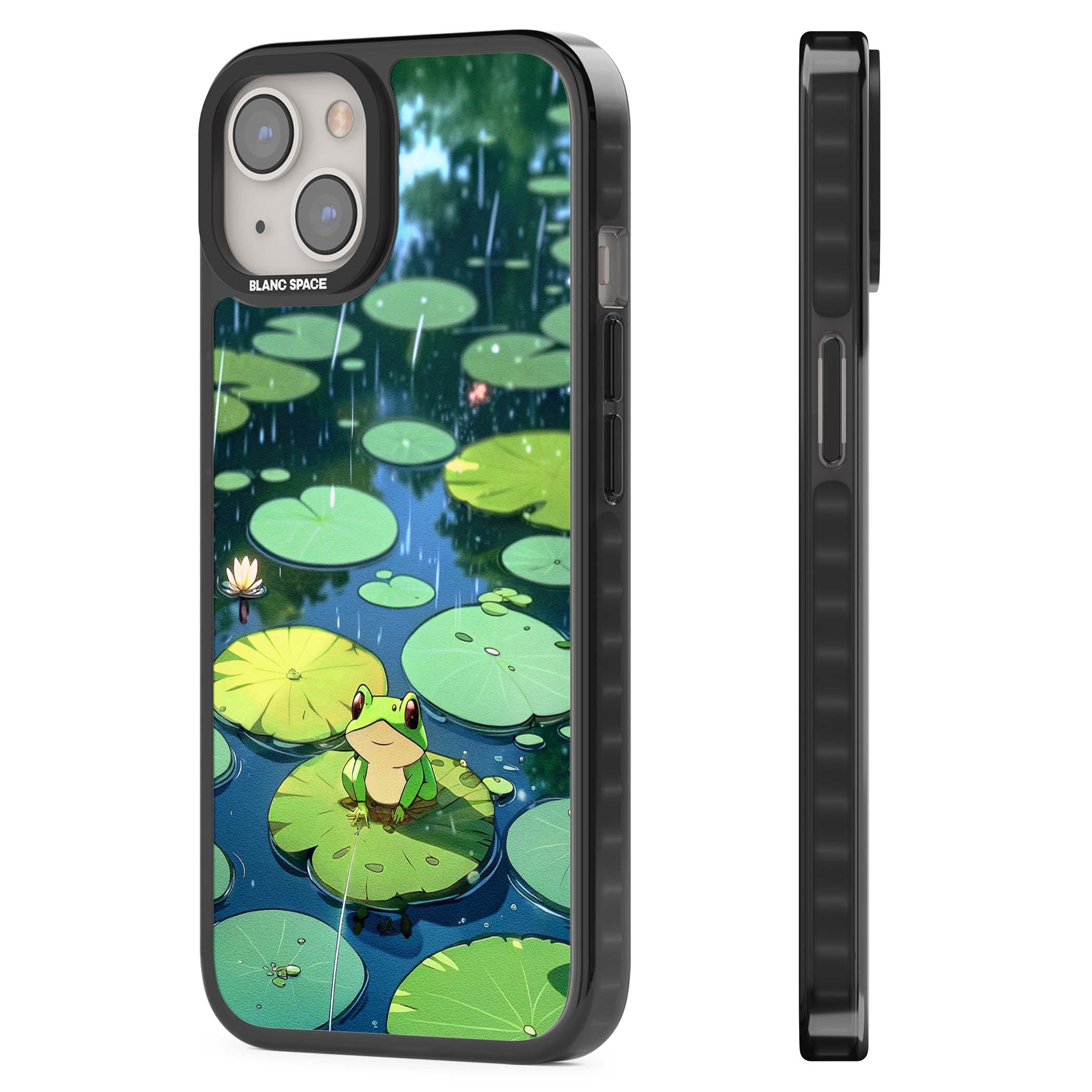 Frog In Lily Pond cottagecore iPhone case featuring a cute green frog on a lily pad with falling rain and a lotus flower | Black Impact Magsafe case for iPhone 13, iPhone 14, iPhone 15