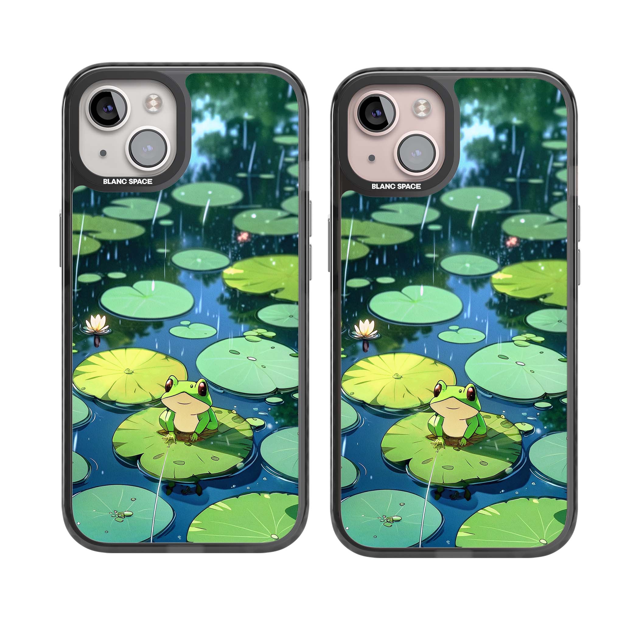 Frog In Lily Pond cottagecore iPhone case featuring a cute green frog on a lily pad with falling rain and a lotus flower | Black Impact Magsafe case for iPhone 13, iPhone 14, iPhone 15