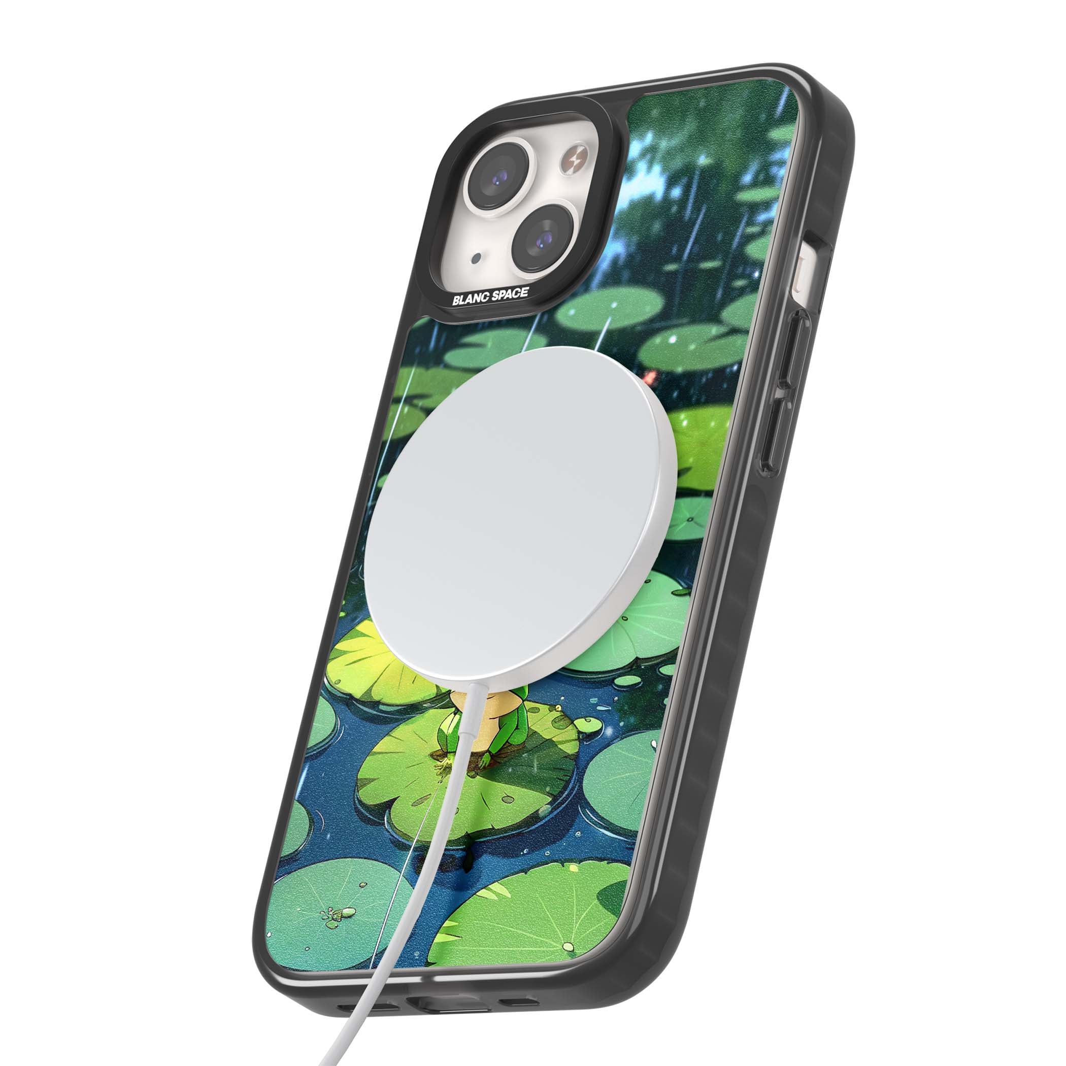 Frog In Lily Pond cottagecore iPhone case featuring a cute green frog on a lily pad with falling rain and a lotus flower | Black Impact Magsafe case for iPhone 13, iPhone 14, iPhone 15