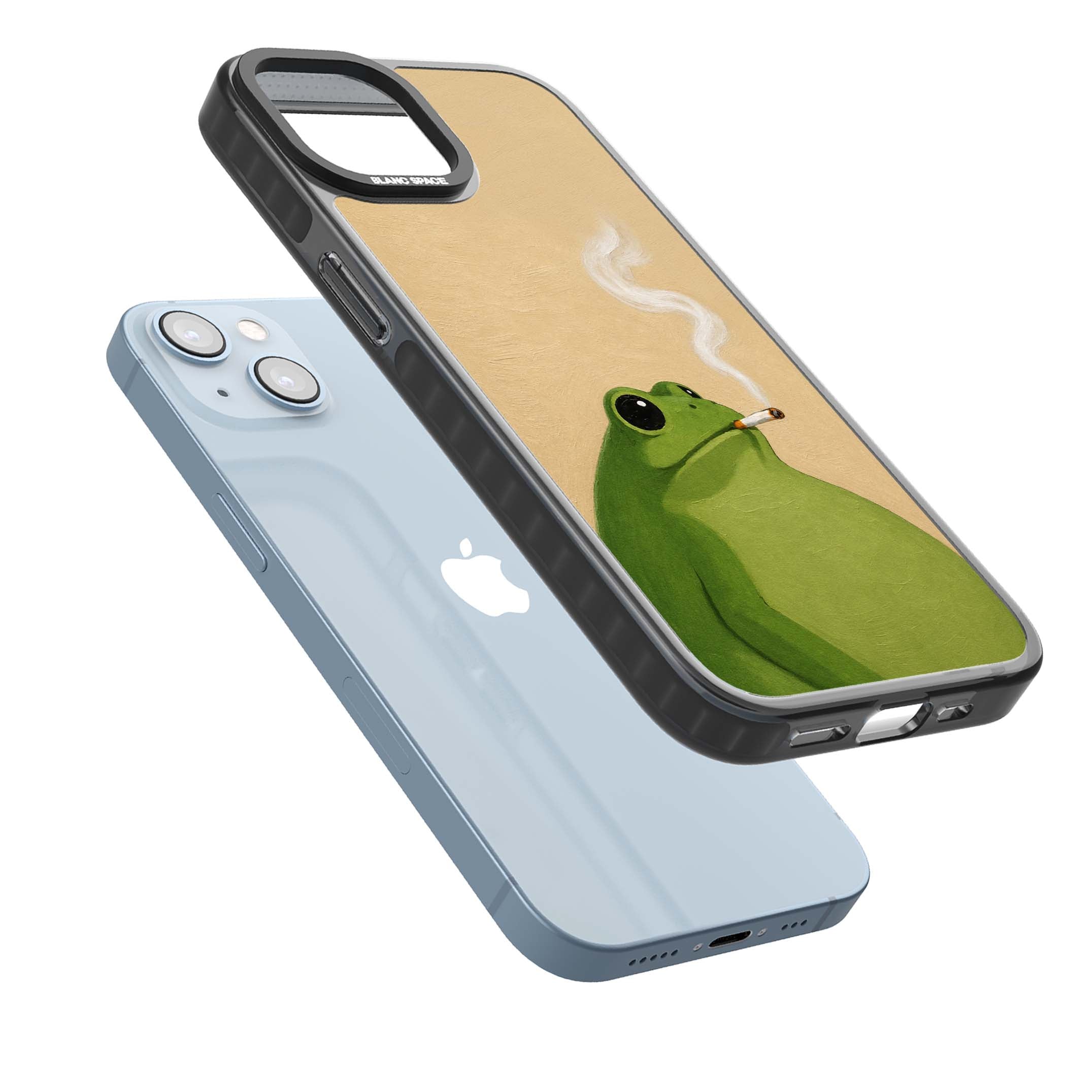 The Smoking Frog cottagecore iPhone case featuring a hand-painted green frog smoking a cigarette on a cream oil painting back | Black Impact Magsafe case for iPhone 13, iPhone 14, iPhone 15