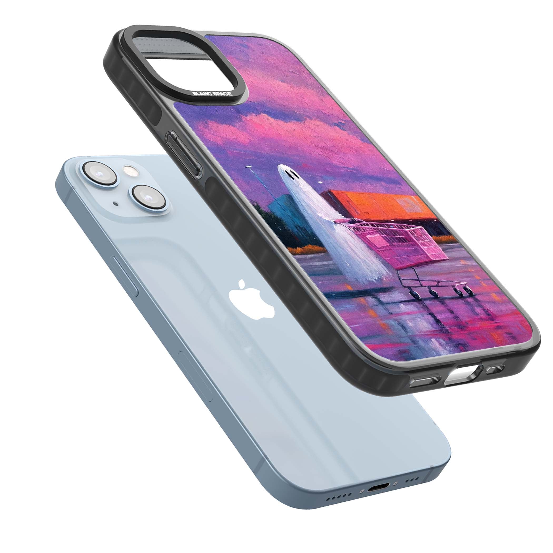 A Ghost's Errand ghost halloween iPhone case featuring a painted ghost, pink shopping trolley and purple sunset sky | Black Impact Magsafe case for iPhone 13, iPhone 14, iPhone 15