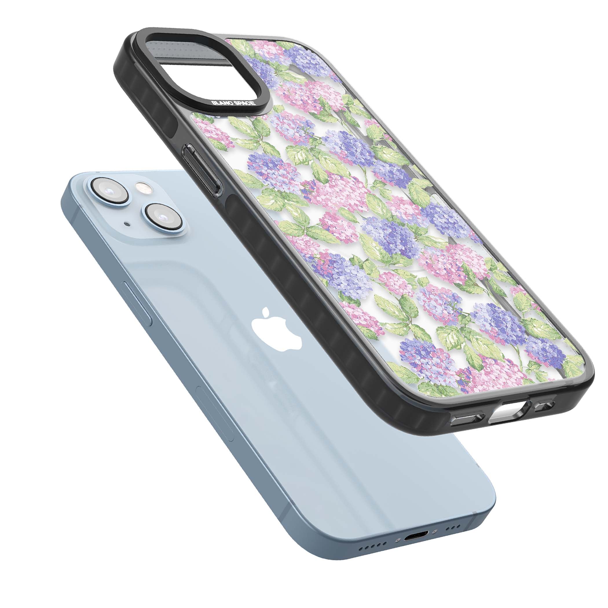 Cottage Hydrangea cottagecore iPhone case featuring pink and purple hydrangea blooms with green leaves on a clear background | Black Impact Magsafe case for iPhone 13, iPhone 14, iPhone 15