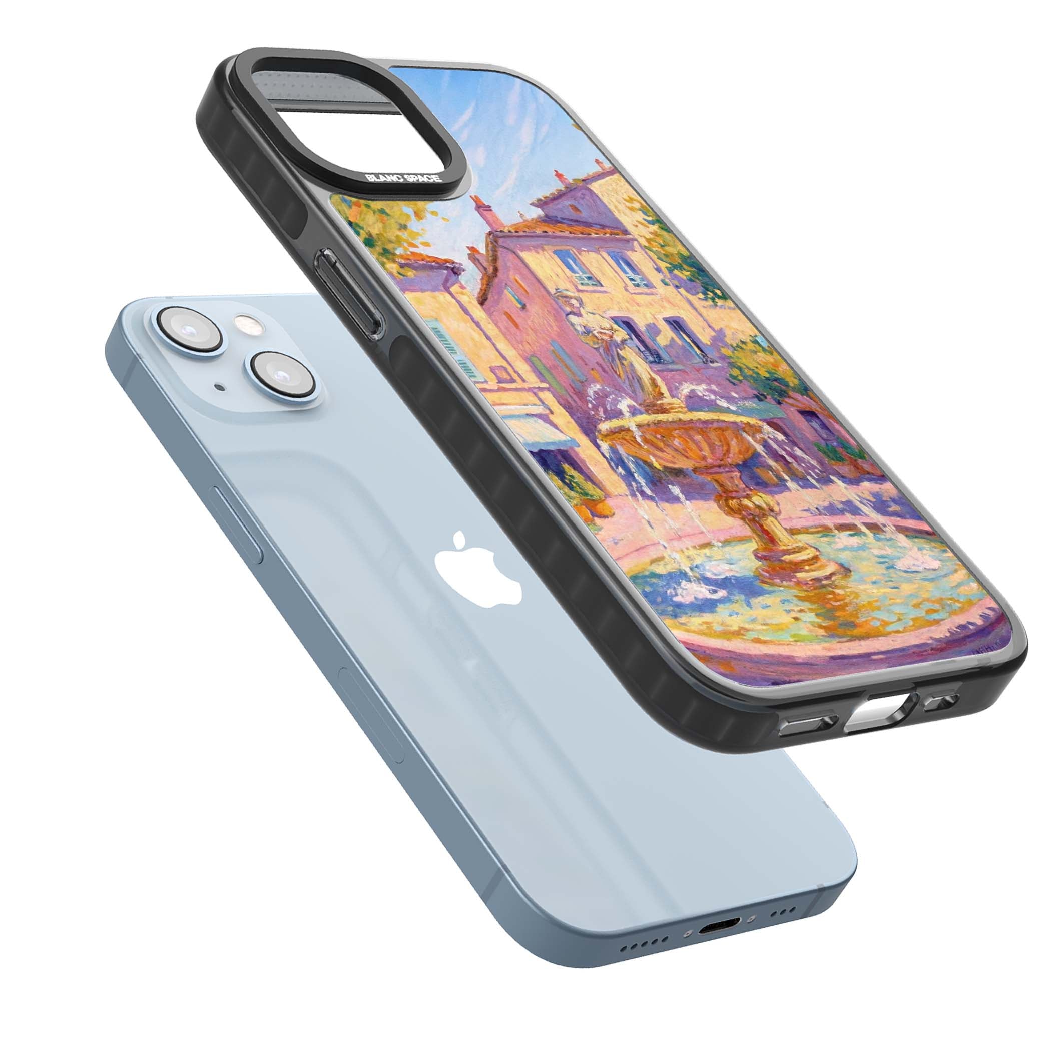 Fountain Square fine art iPhone case featuring an impressionist Provençal fountain, pastel village buildings and summe | Black Impact Magsafe case for iPhone 13, iPhone 14, iPhone 15