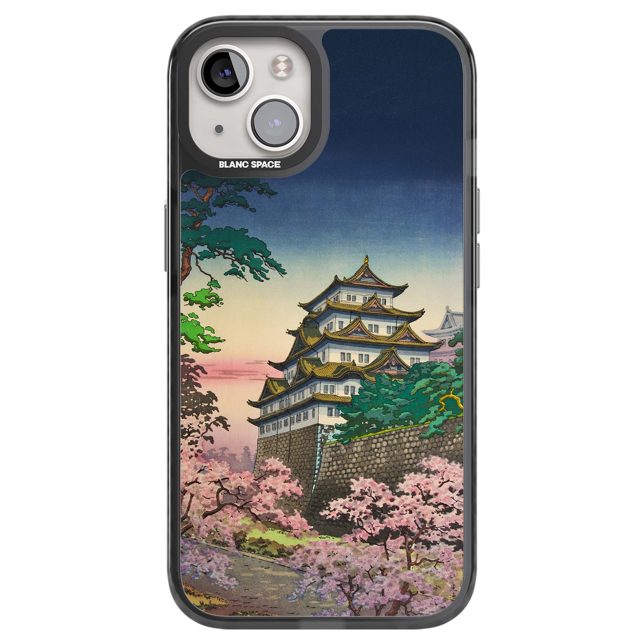 Nagoya Castle Japanese iPhone case featuring a vintage pagoda, twilight sky and cherry blossom trees | Black Impact Magsafe case for iPhone 13, iPhone 14, iPhone 15