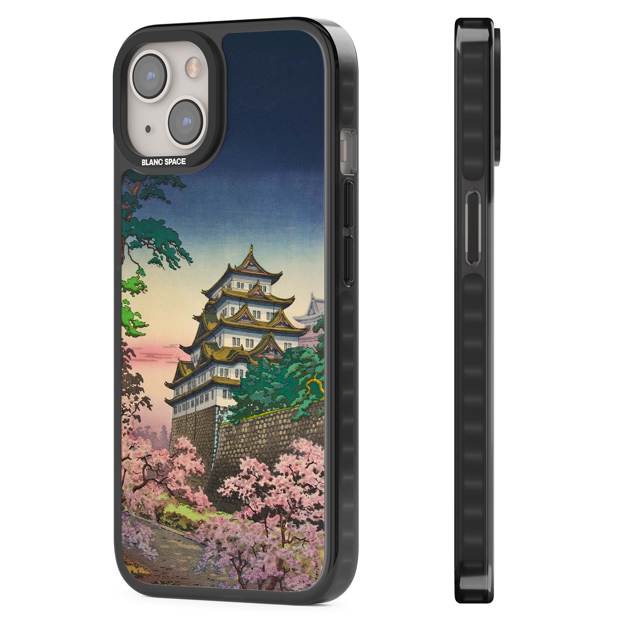 Nagoya Castle Japanese iPhone case featuring a vintage pagoda, twilight sky and cherry blossom trees | Black Impact Magsafe case for iPhone 13, iPhone 14, iPhone 15
