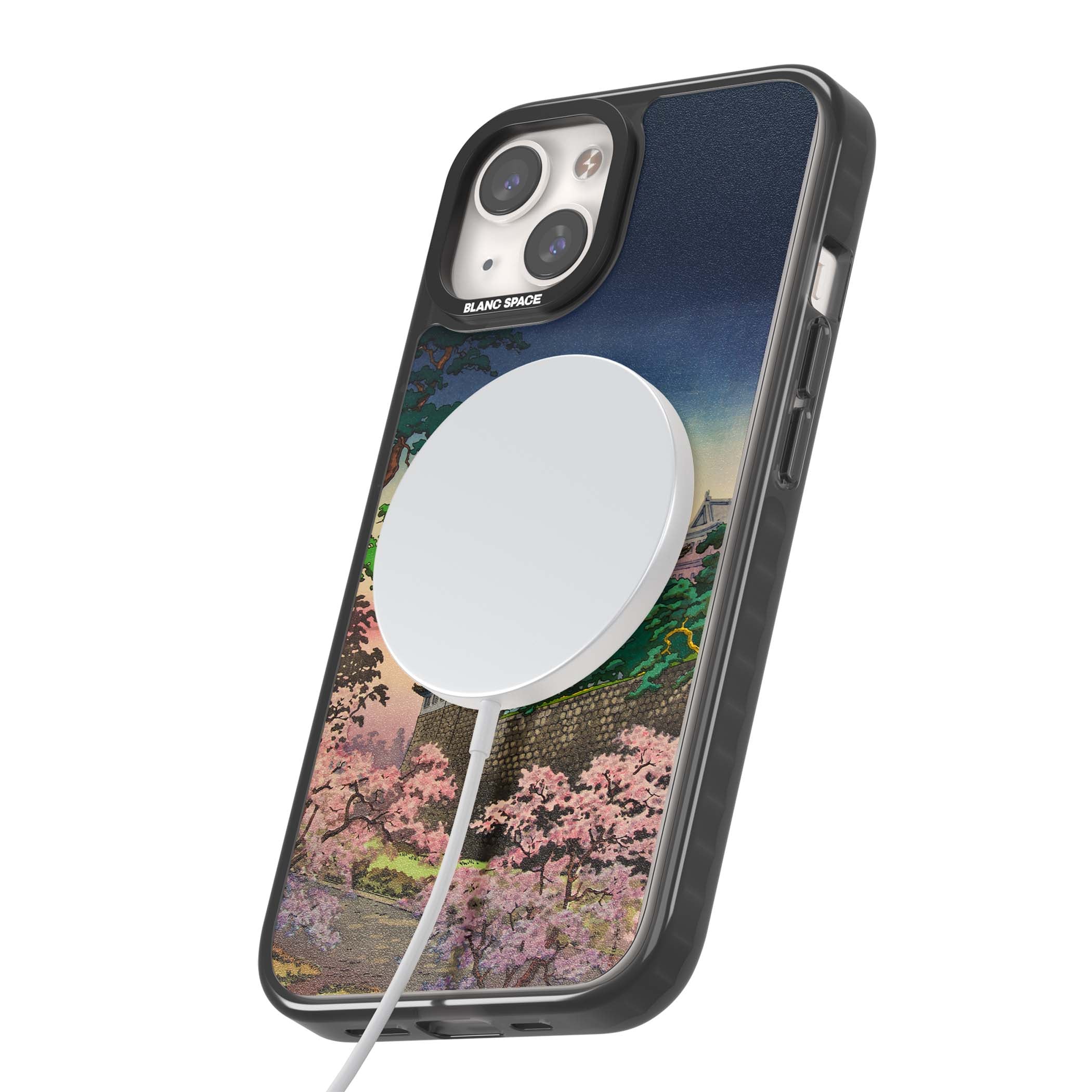 Nagoya Castle Japanese iPhone case featuring a vintage pagoda, twilight sky and cherry blossom trees | Black Impact Magsafe case for iPhone 13, iPhone 14, iPhone 15