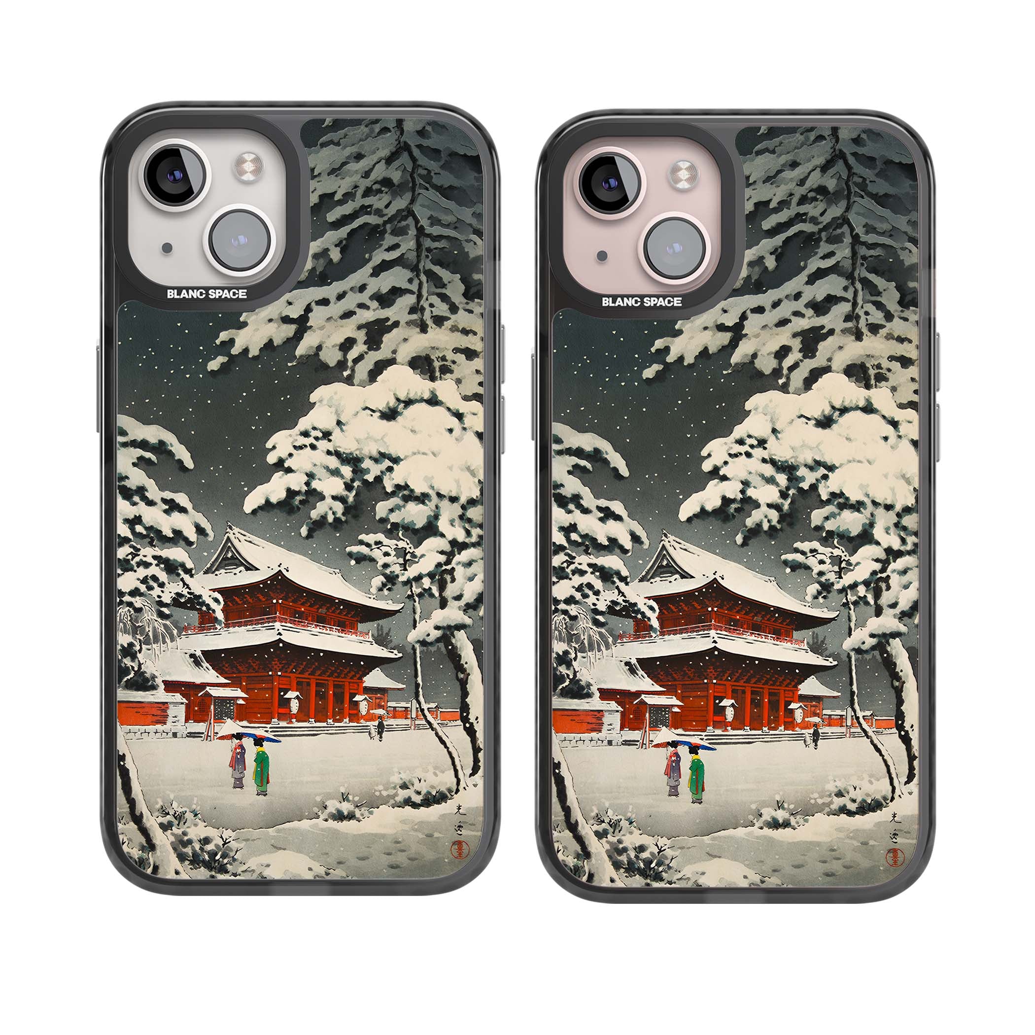 Snow at Shiha Park, Tokyo Japanese art iPhone case featuring a vintage ukiyo-e snowy temple, red pagoda, and snow-covered pin | Black Impact Magsafe case for iPhone 13, iPhone 14, iPhone 15