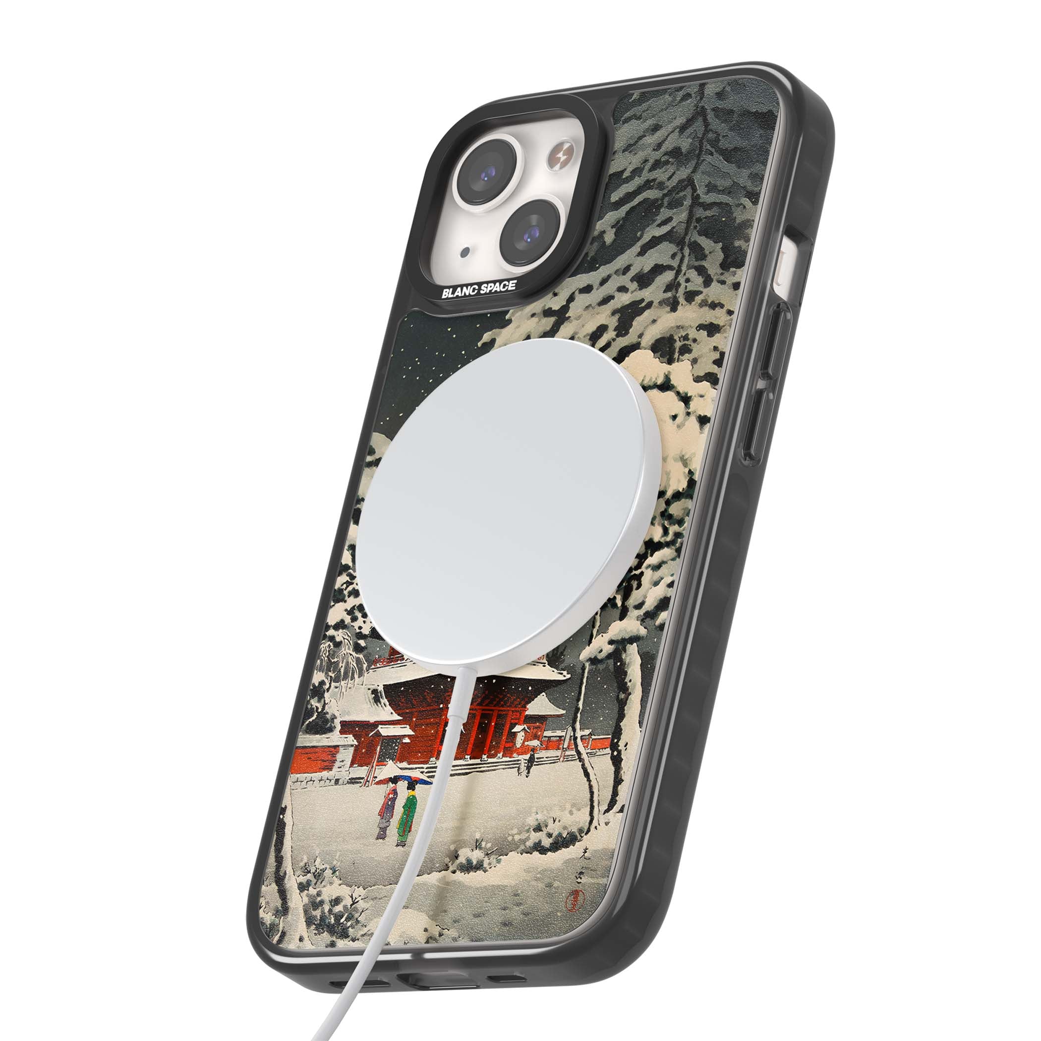 Snow at Shiha Park, Tokyo Japanese art iPhone case featuring a vintage ukiyo-e snowy temple, red pagoda, and snow-covered pin | Black Impact Magsafe case for iPhone 13, iPhone 14, iPhone 15