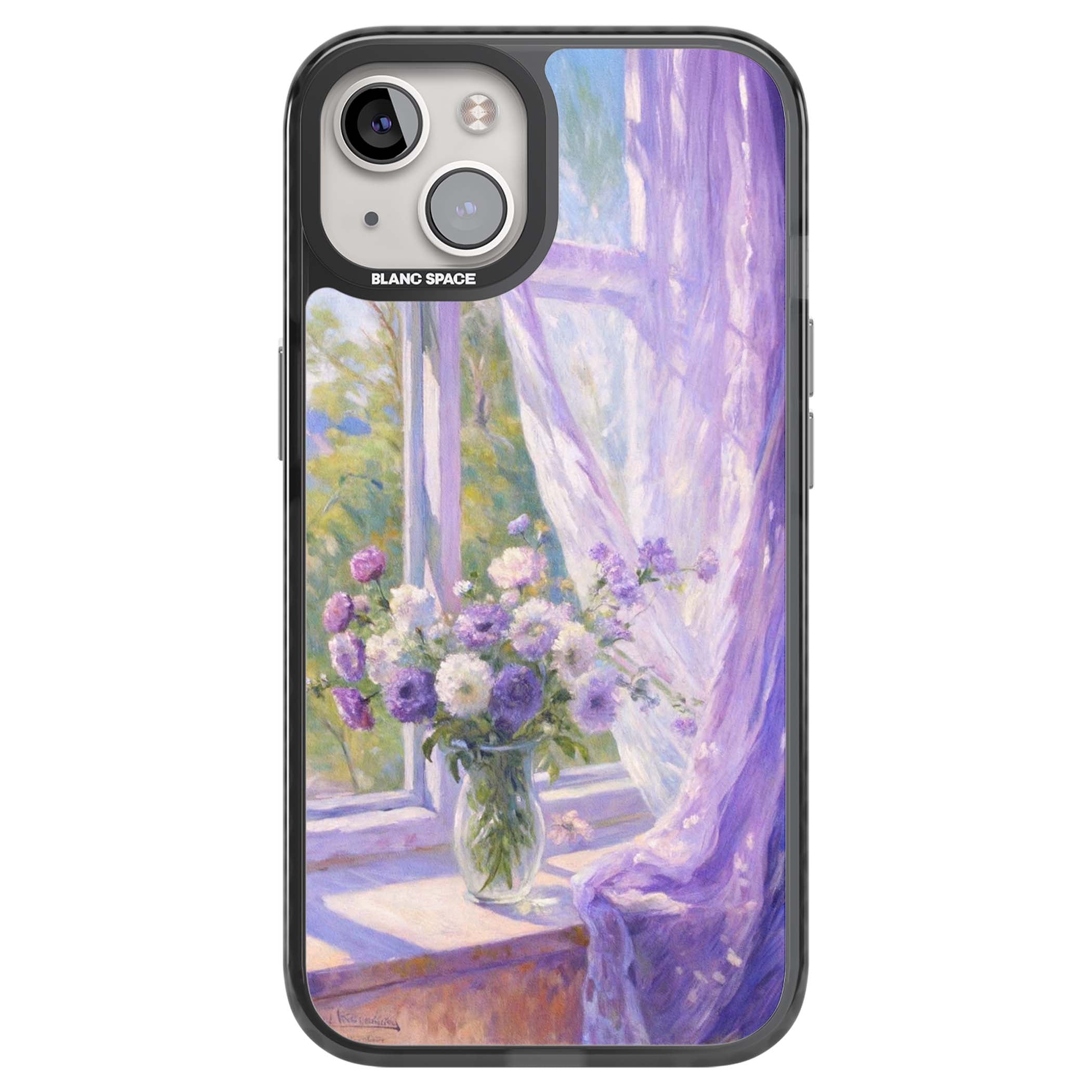 A Provence Morning impressionist art iPhone case featuring a vase of purple flowers, sunlit window and sheer curt | Black Impact Magsafe case for iPhone 13, iPhone 14, iPhone 15