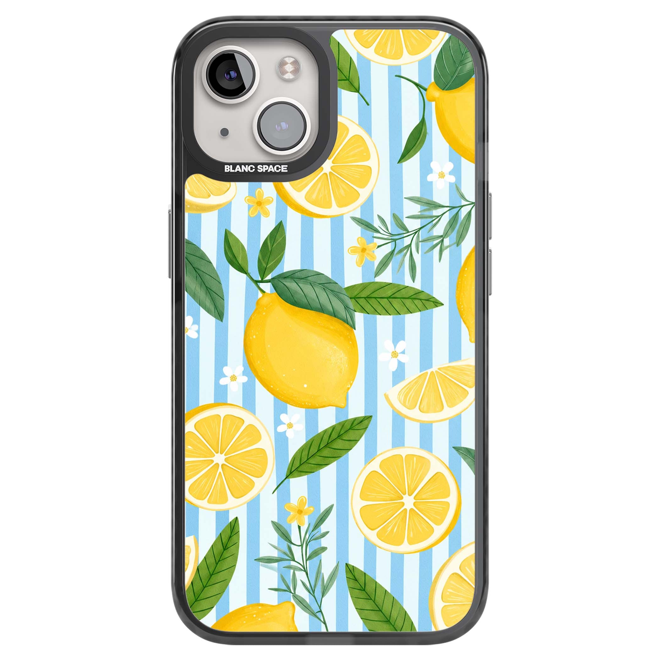 Capri Citrus Stripe coastal iPhone case featuring yellow lemons, blue stripes, and white daisy blossoms | Black Impact Magsafe case for iPhone 13, iPhone 14, iPhone 15