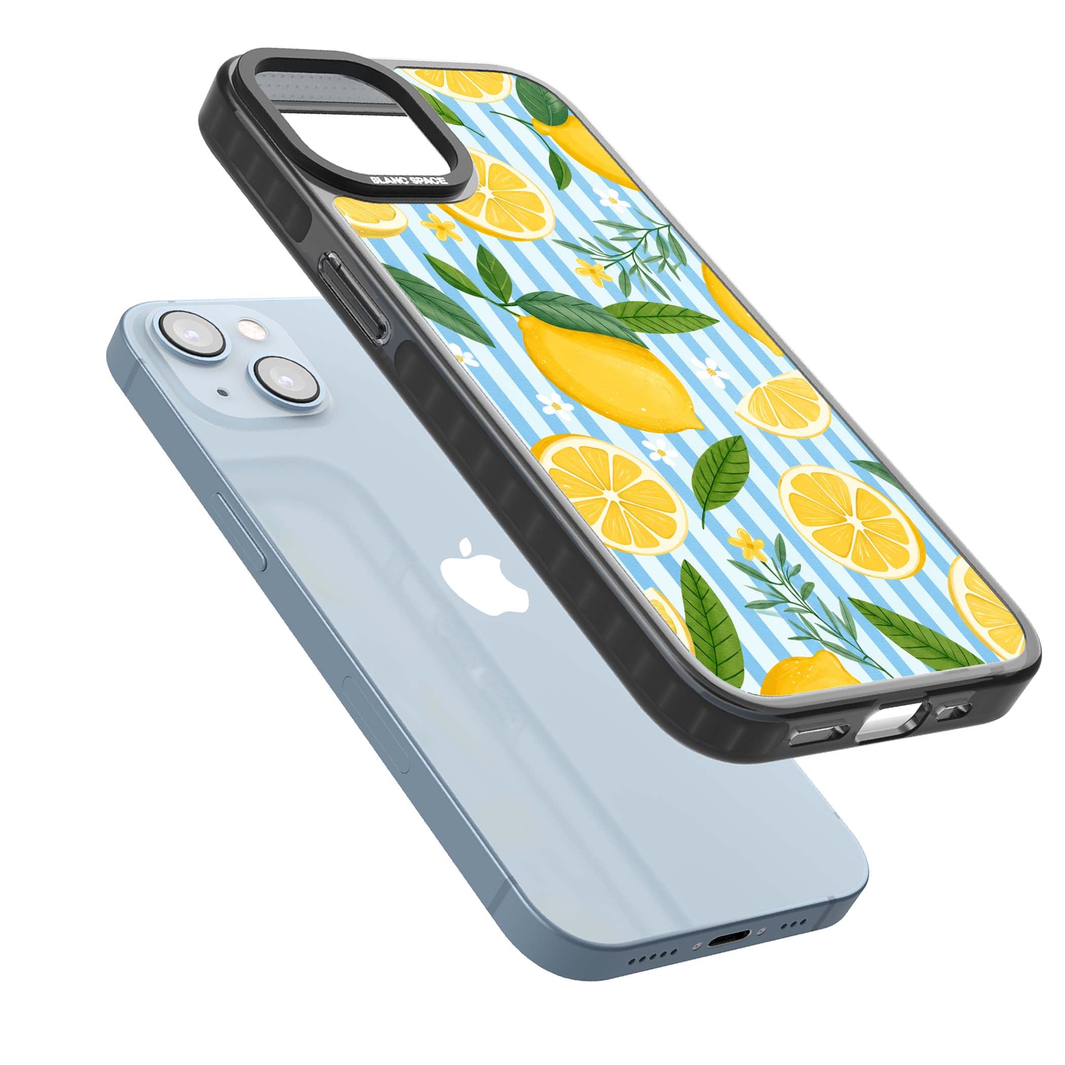 Capri Citrus Stripe coastal iPhone case featuring yellow lemons, blue stripes, and white daisy blossoms | Black Impact Magsafe case for iPhone 13, iPhone 14, iPhone 15