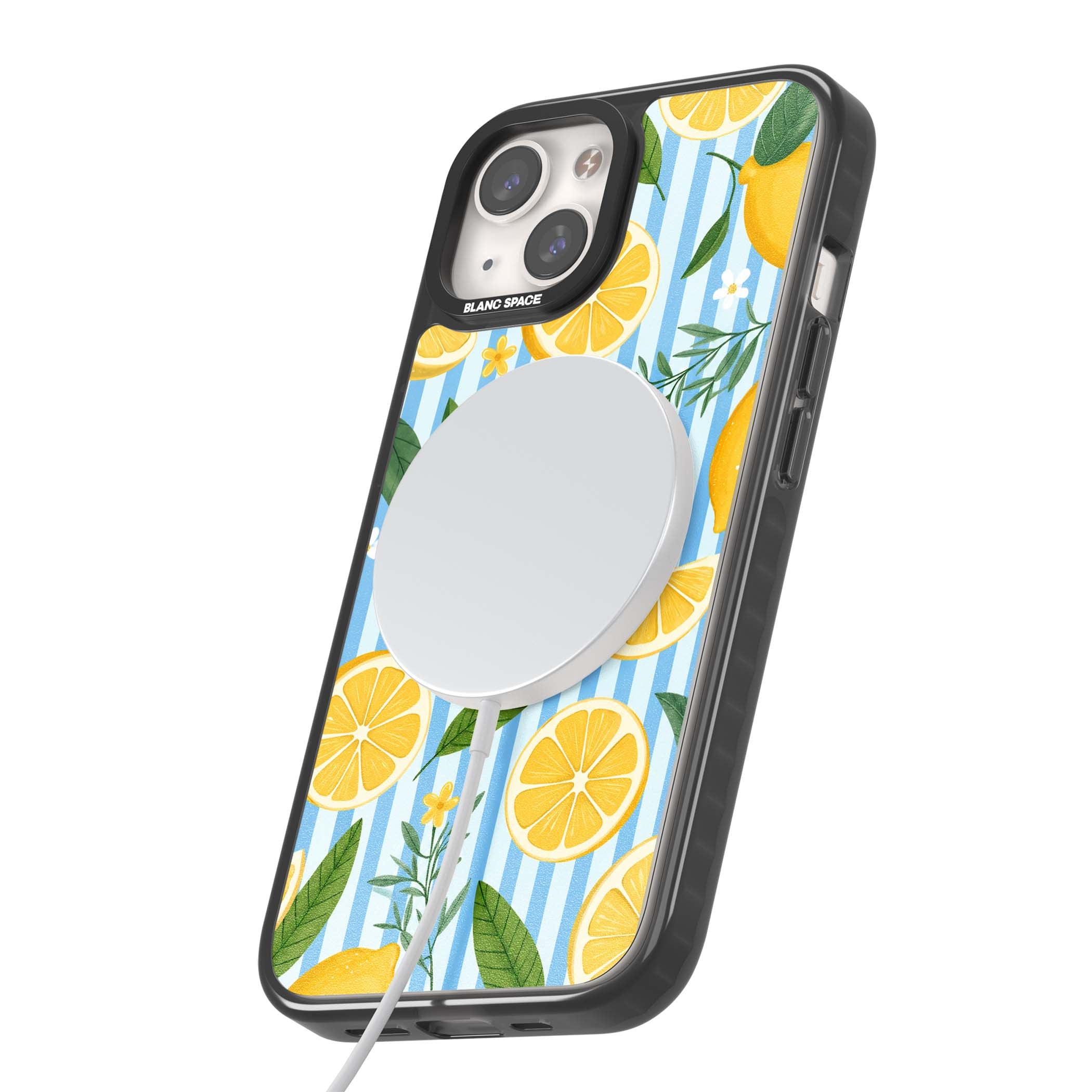 Capri Citrus Stripe coastal iPhone case featuring yellow lemons, blue stripes, and white daisy blossoms | Black Impact Magsafe case for iPhone 13, iPhone 14, iPhone 15