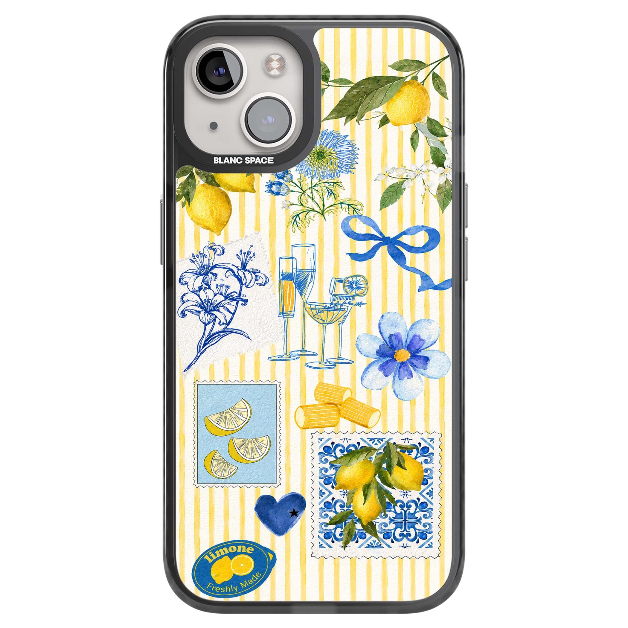 Limone Riviera Italian summer iPhone case featuring watercolour lemons, blue ribbon bows and majolica tile stamps on... | Black Impact Magsafe case for iPhone 13, iPhone 14, iPhone 15